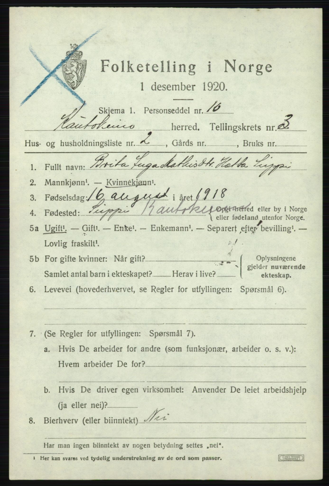 SATØ, 1920 census for Kautokeino, 1920, p. 1443