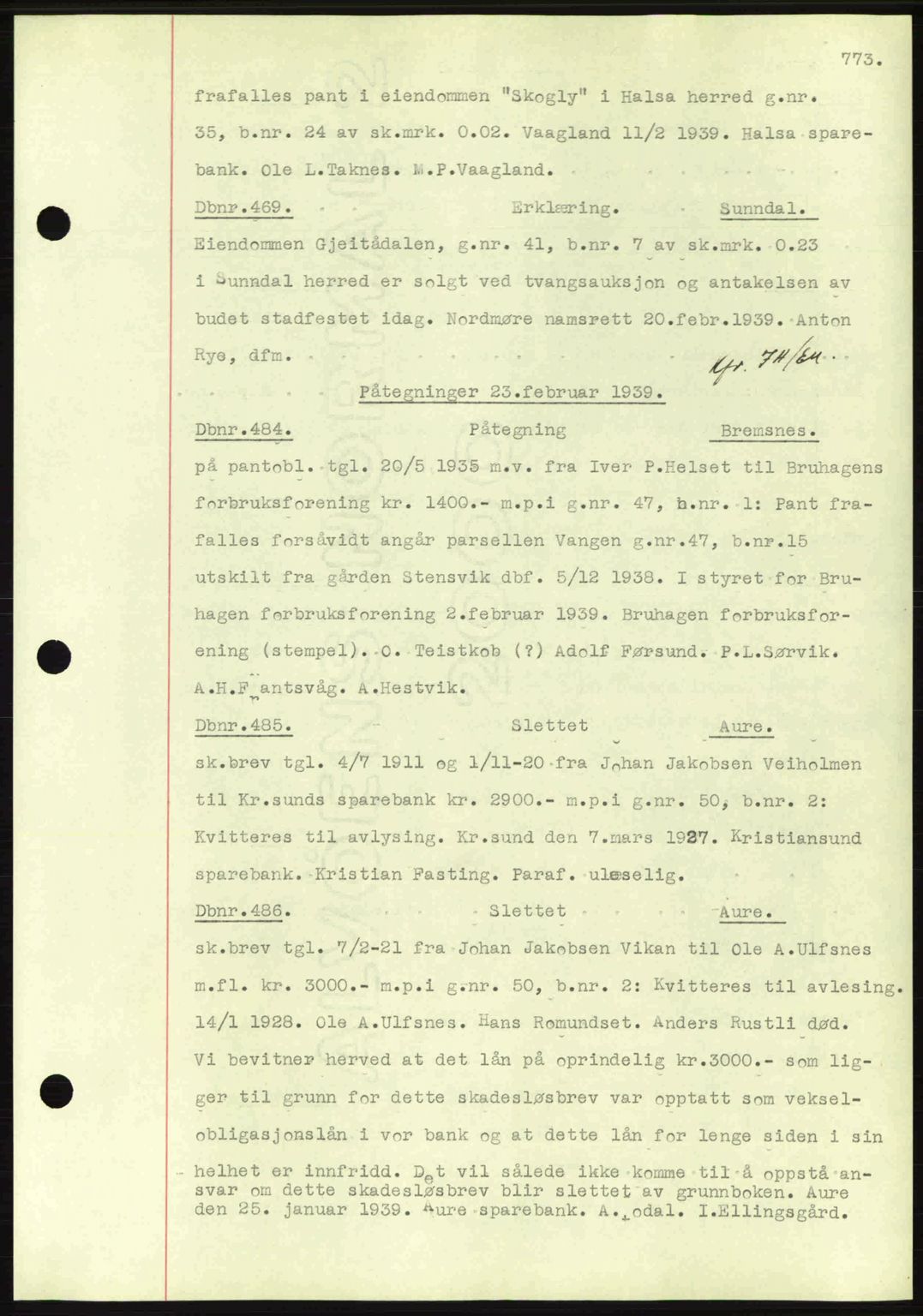 Nordmøre sorenskriveri, AV/SAT-A-4132/1/2/2Ca: Mortgage book no. C80, 1936-1939, Diary no: : 469/1939