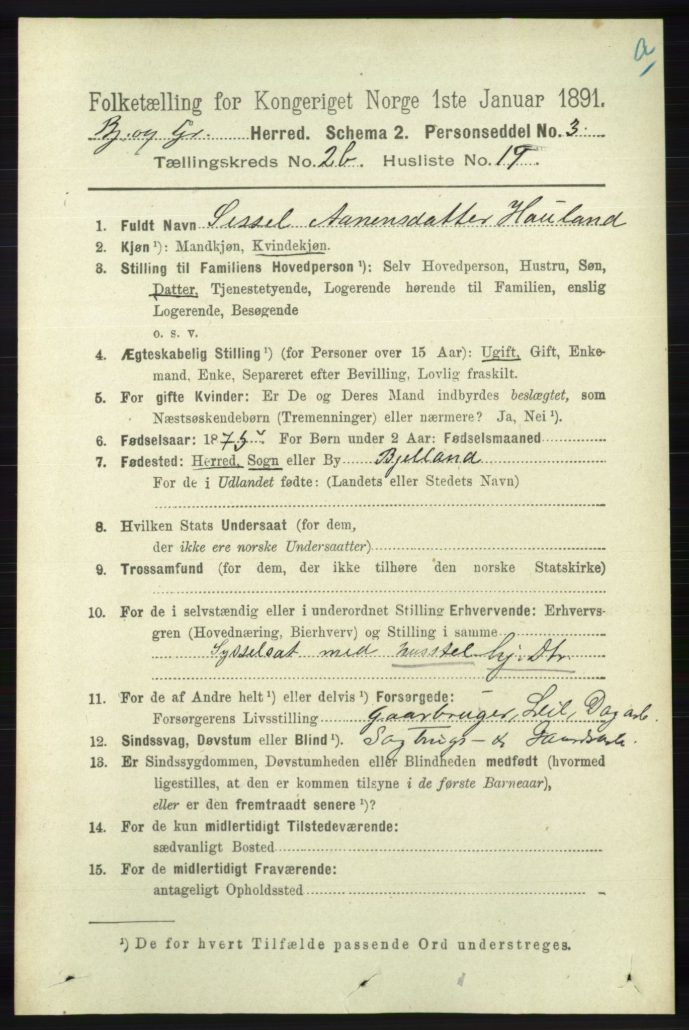 RA, 1891 census for 1024 Bjelland og Grindheim, 1891, p. 1233