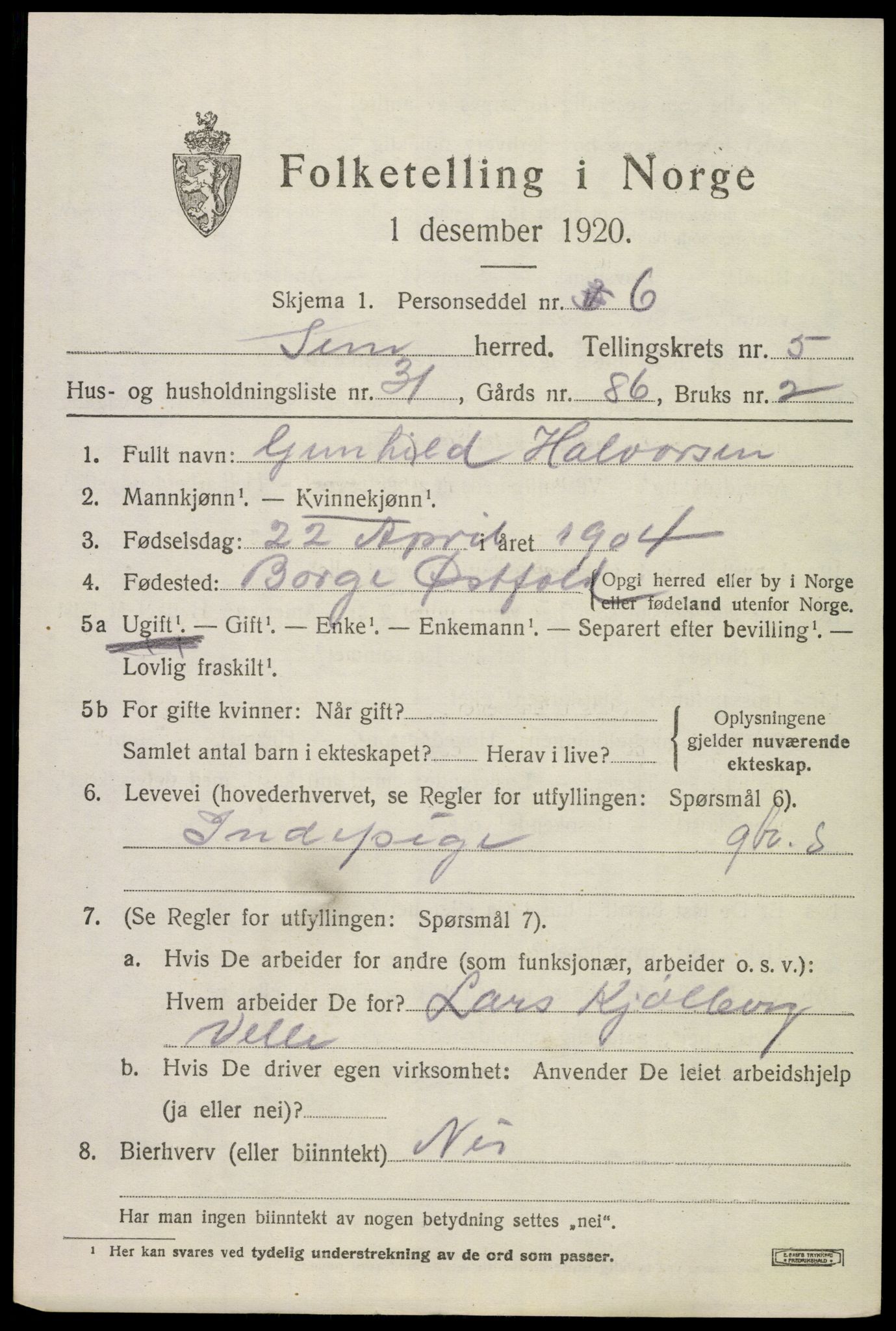 SAKO, 1920 census for Sem, 1920, p. 8143