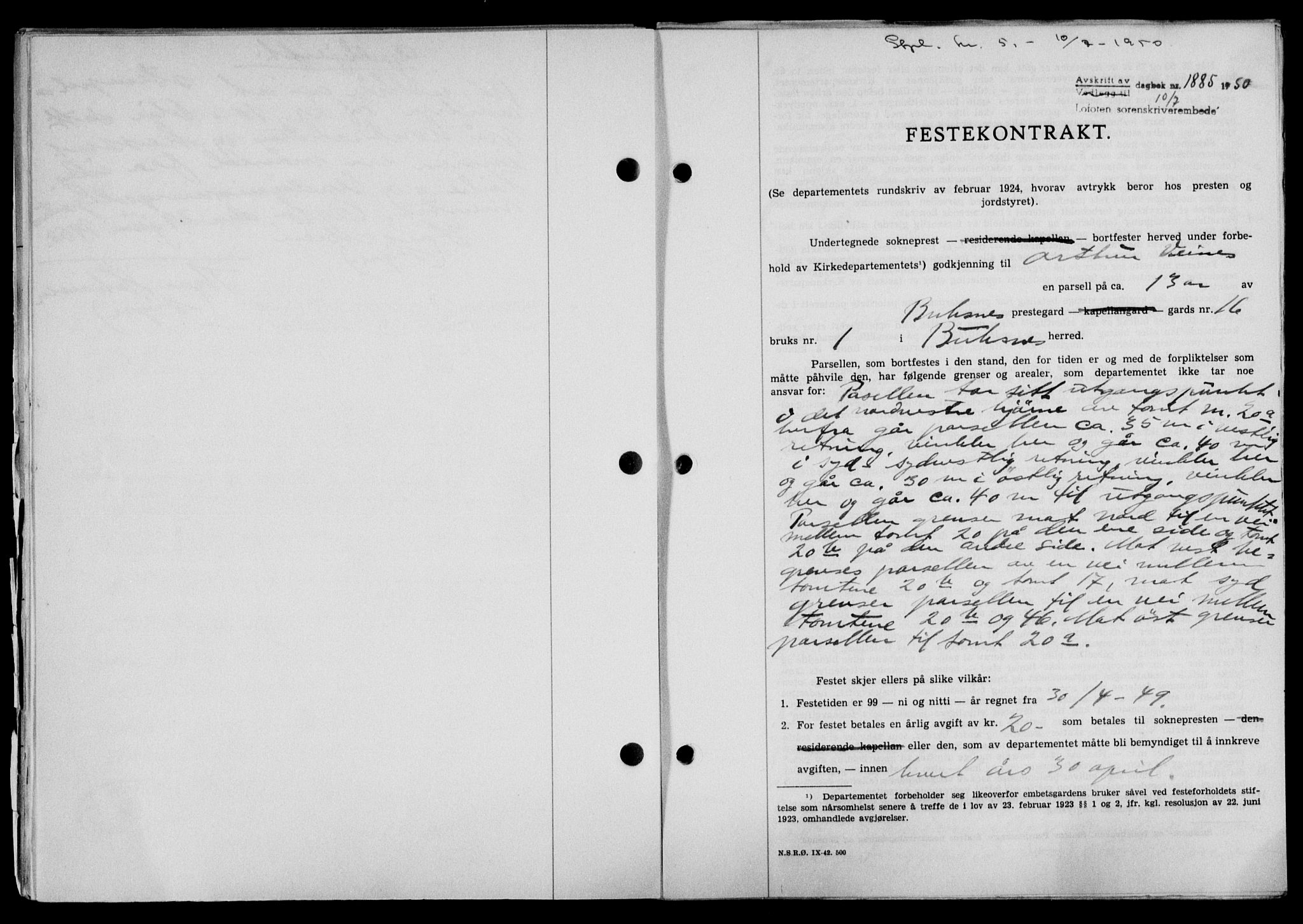 Lofoten sorenskriveri, SAT/A-0017/1/2/2C/L0024a: Mortgage book no. 24a, 1950-1950, Diary no: : 1885/1950