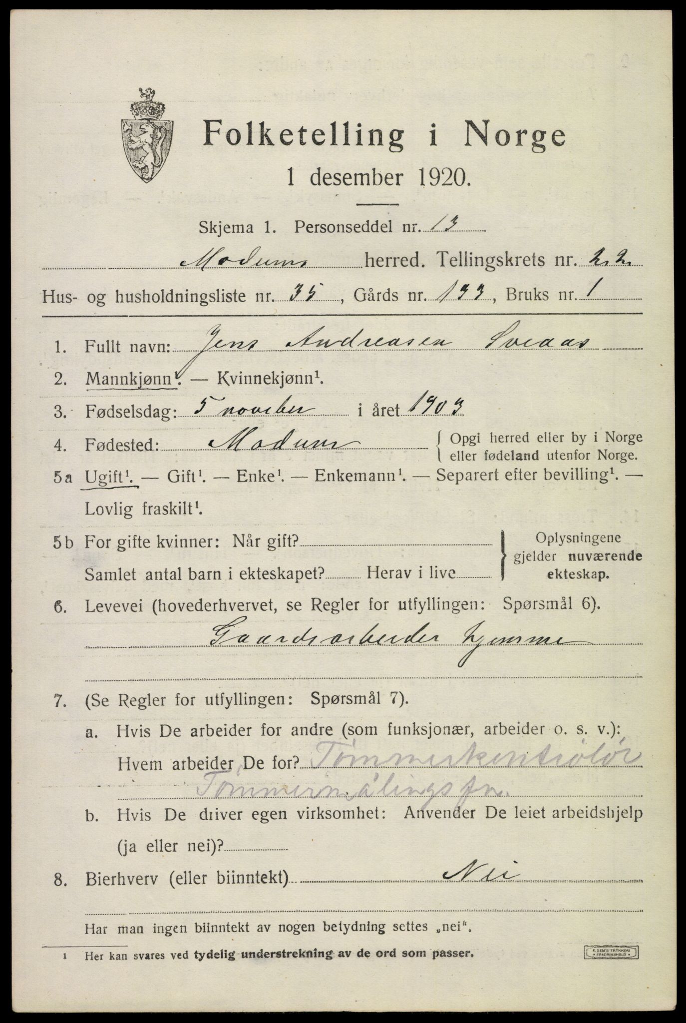 SAKO, 1920 census for Modum, 1920, p. 23395