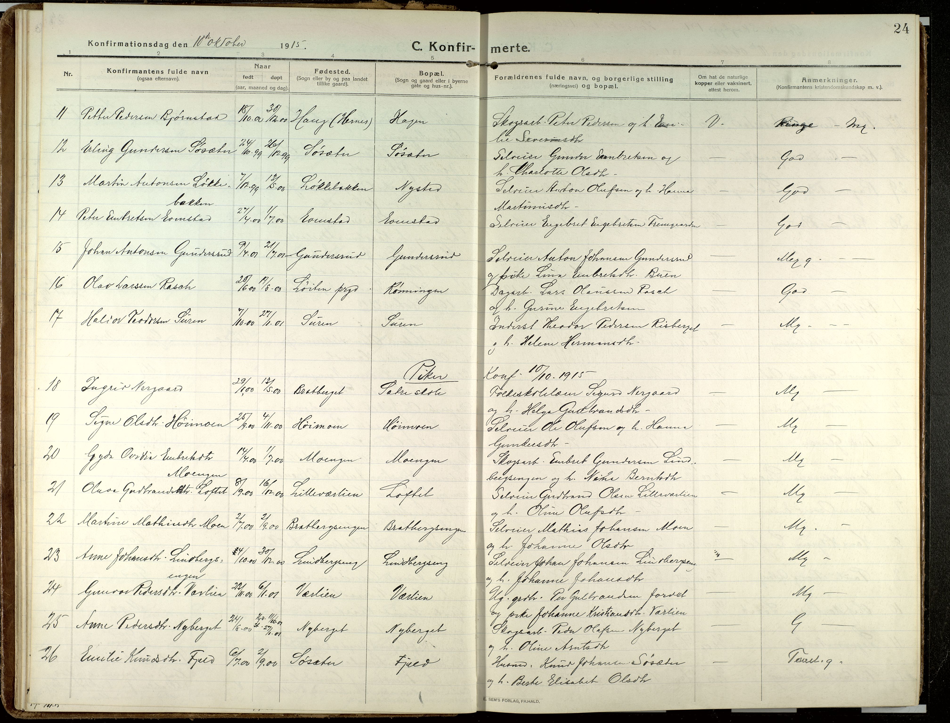 Elverum prestekontor, AV/SAH-PREST-044/H/Ha/Haa/L0023: Parish register (official) no. 23, 1914-1929, p. 24