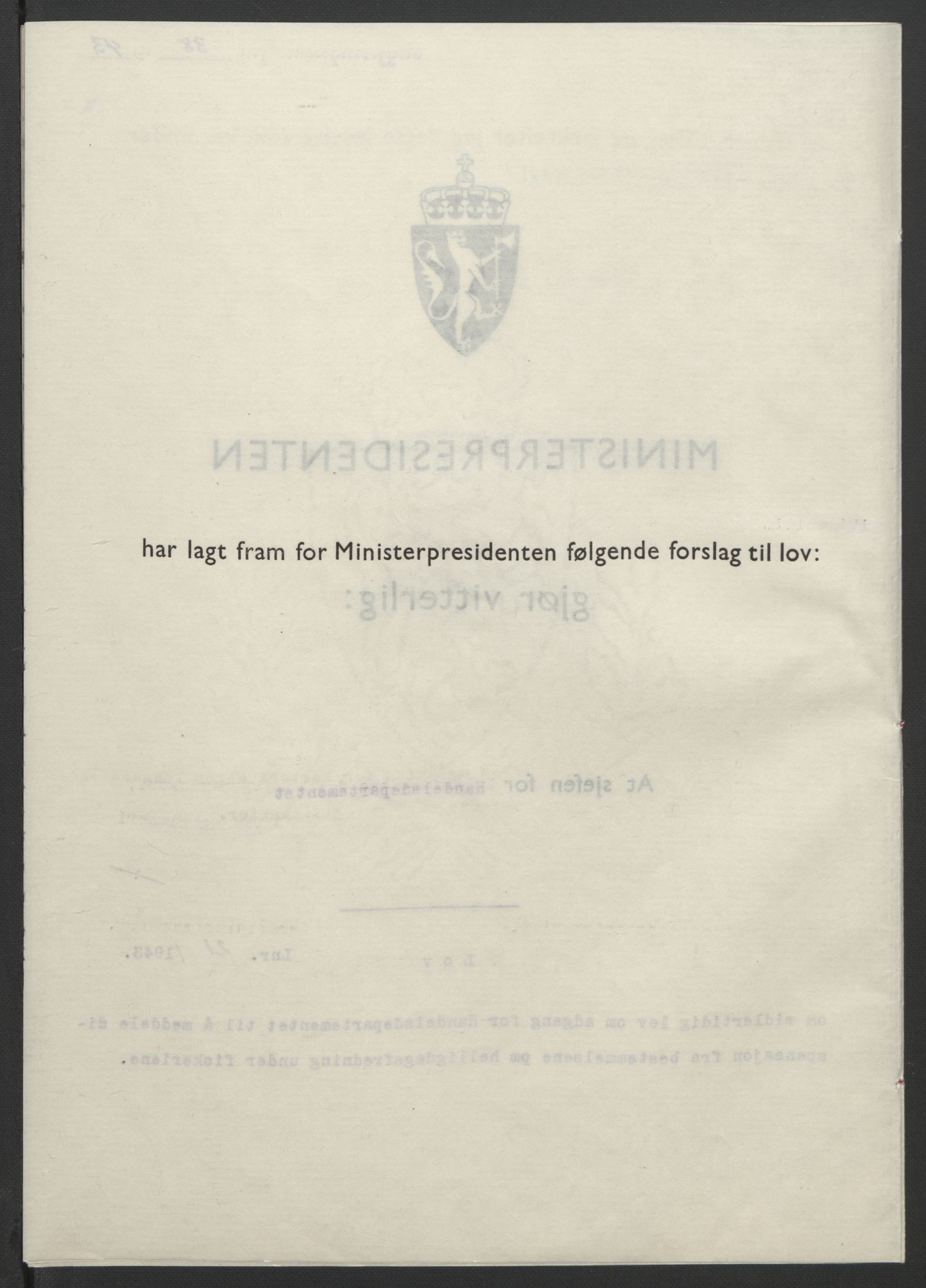 NS-administrasjonen 1940-1945 (Statsrådsekretariatet, de kommisariske statsråder mm), AV/RA-S-4279/D/Db/L0099: Lover, 1943, p. 86