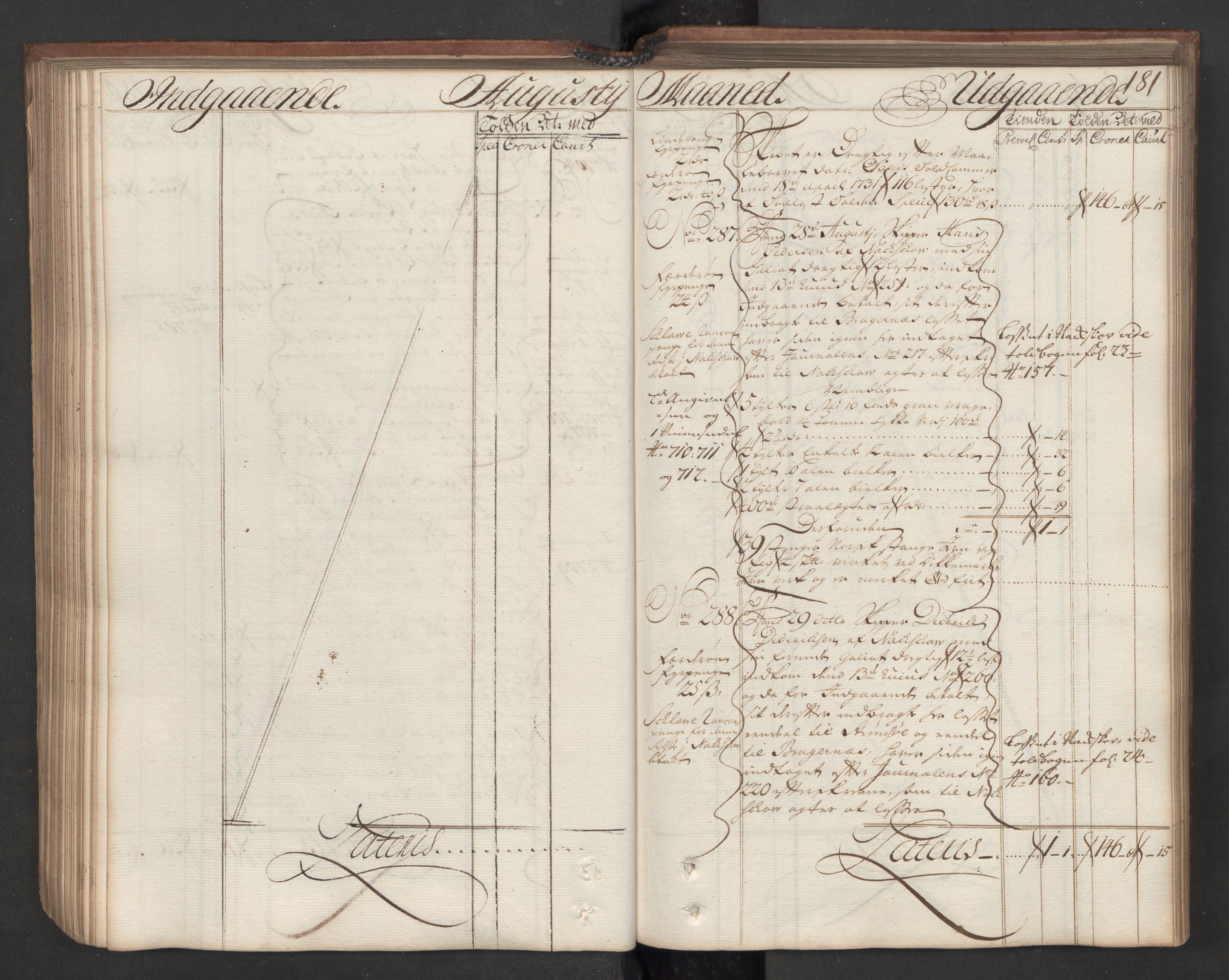 Generaltollkammeret, tollregnskaper, AV/RA-EA-5490/R08/L0009/0001: Tollregnskaper Drammen / Hovedtollbok, 1731, p. 180b-181a