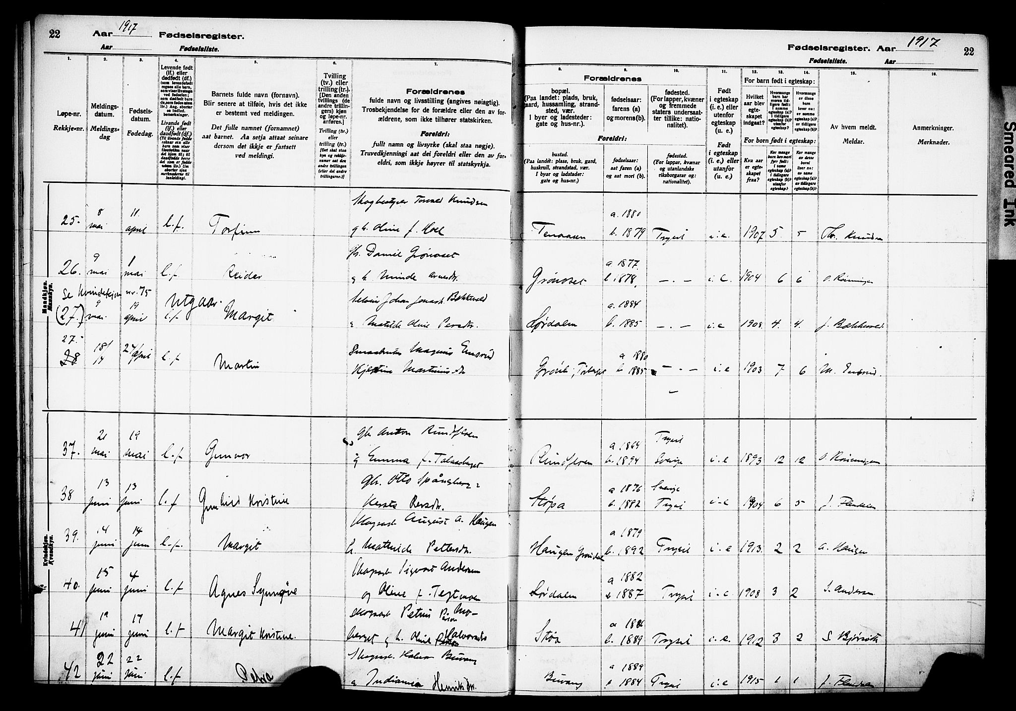 Trysil prestekontor, AV/SAH-PREST-046/I/Id/Ida/L0001: Birth register no. I 1, 1916-1927, p. 22