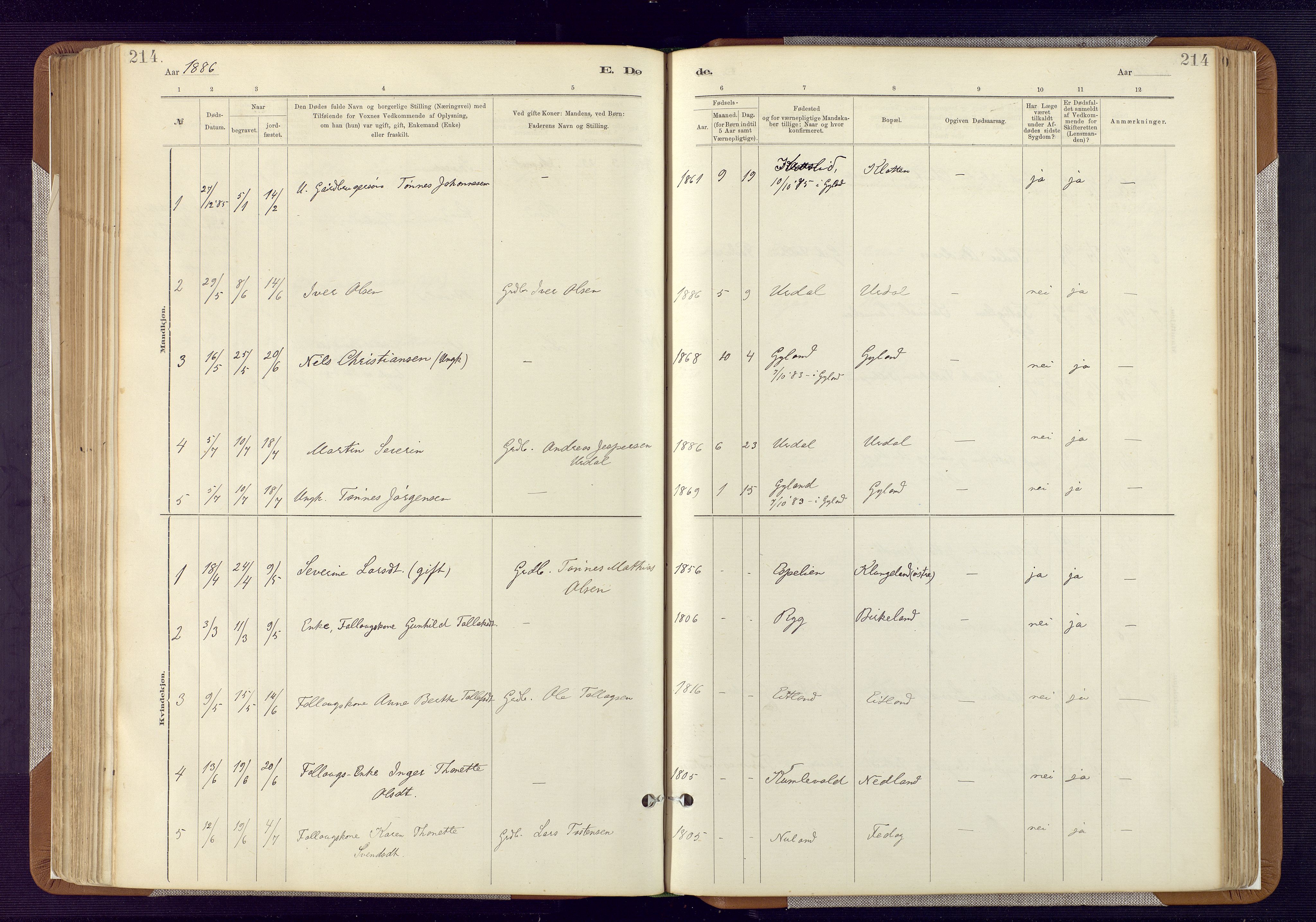 Bakke sokneprestkontor, AV/SAK-1111-0002/F/Fa/Fab/L0003: Parish register (official) no. A 3, 1884-1921, p. 214