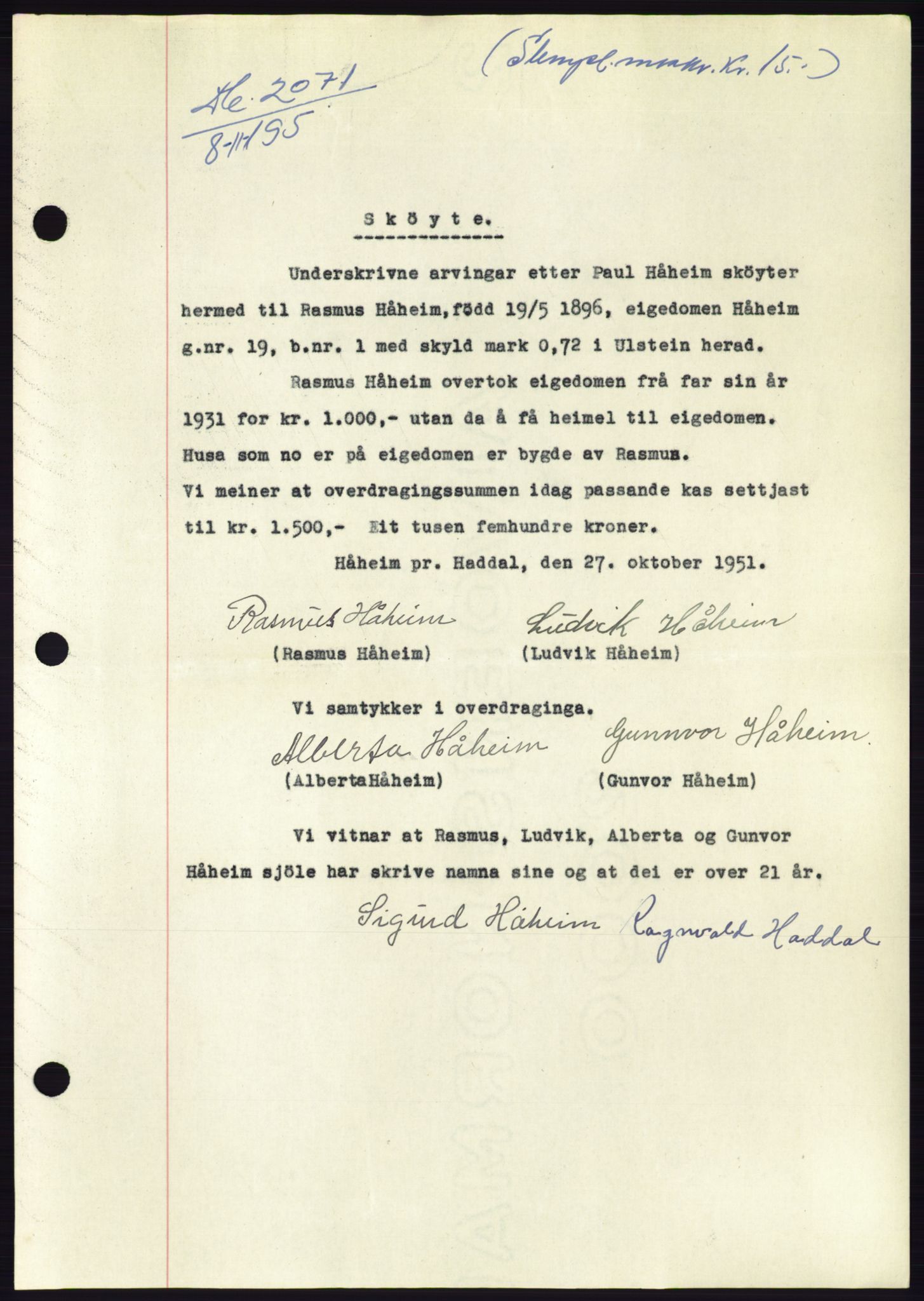 Søre Sunnmøre sorenskriveri, AV/SAT-A-4122/1/2/2C/L0090: Mortgage book no. 16A, 1951-1951, Diary no: : 2071/1951