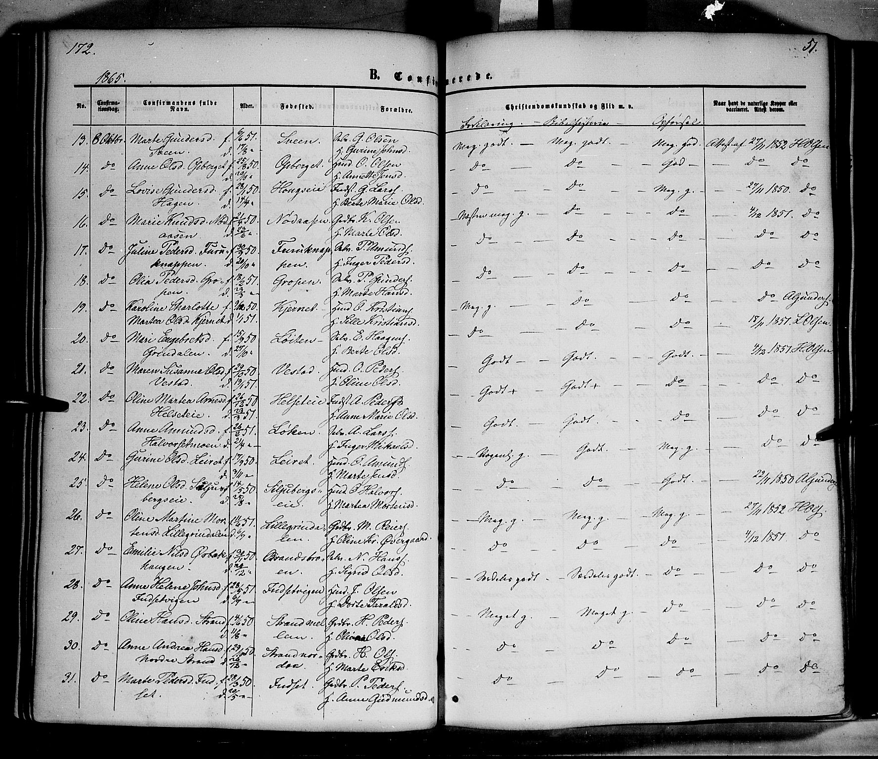 Elverum prestekontor, SAH/PREST-044/H/Ha/Haa/L0010: Parish register (official) no. 10, 1857-1868, p. 172