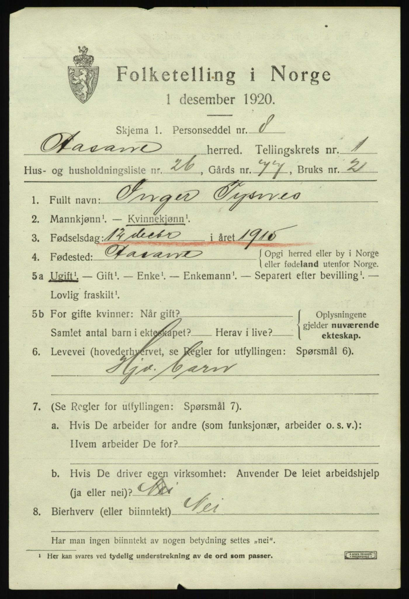 SAB, 1920 census for Åsane, 1920, p. 1223