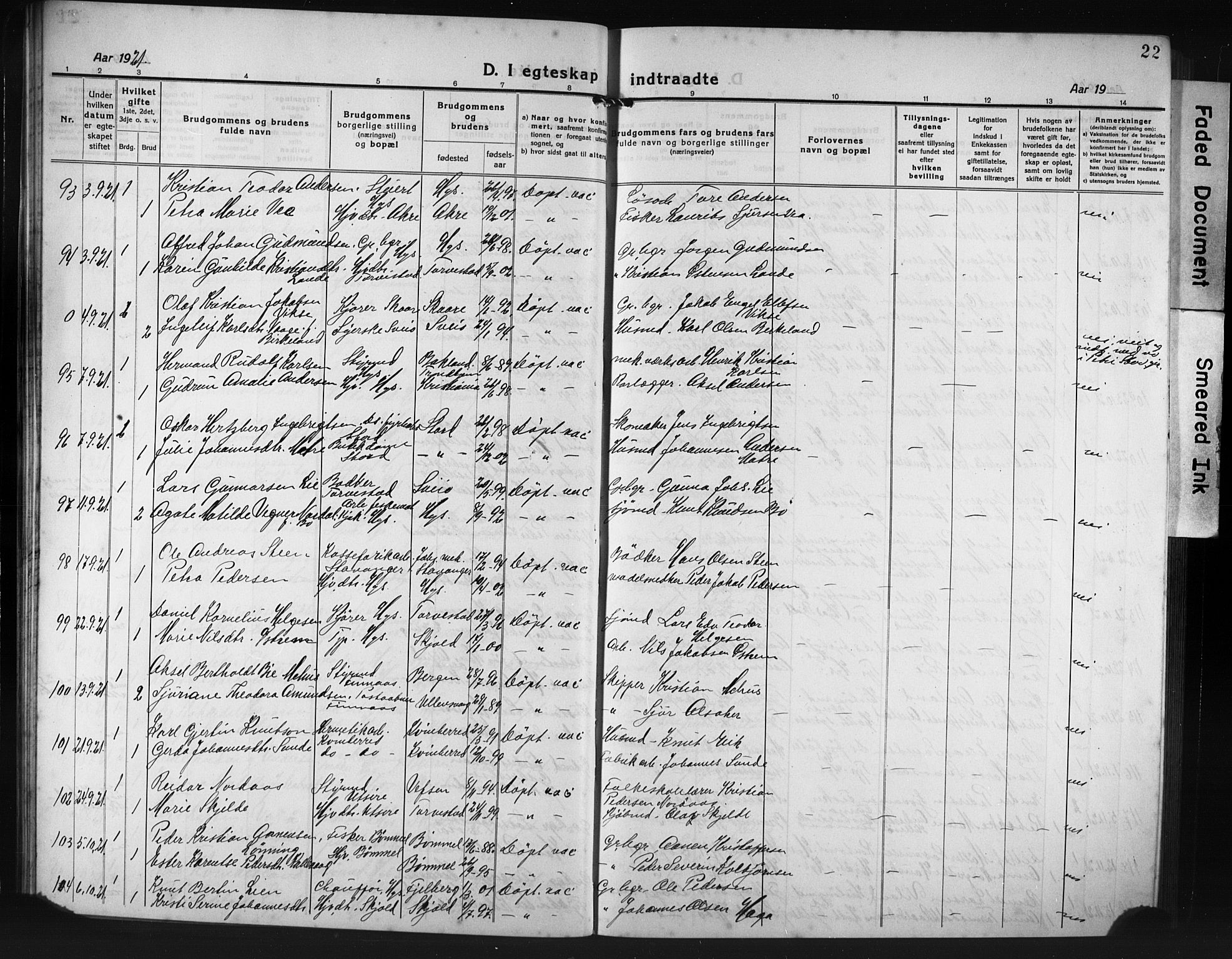 Haugesund sokneprestkontor, AV/SAST-A -101863/H/Ha/Hab/L0010: Parish register (copy) no. B 10, 1920-1931, p. 22