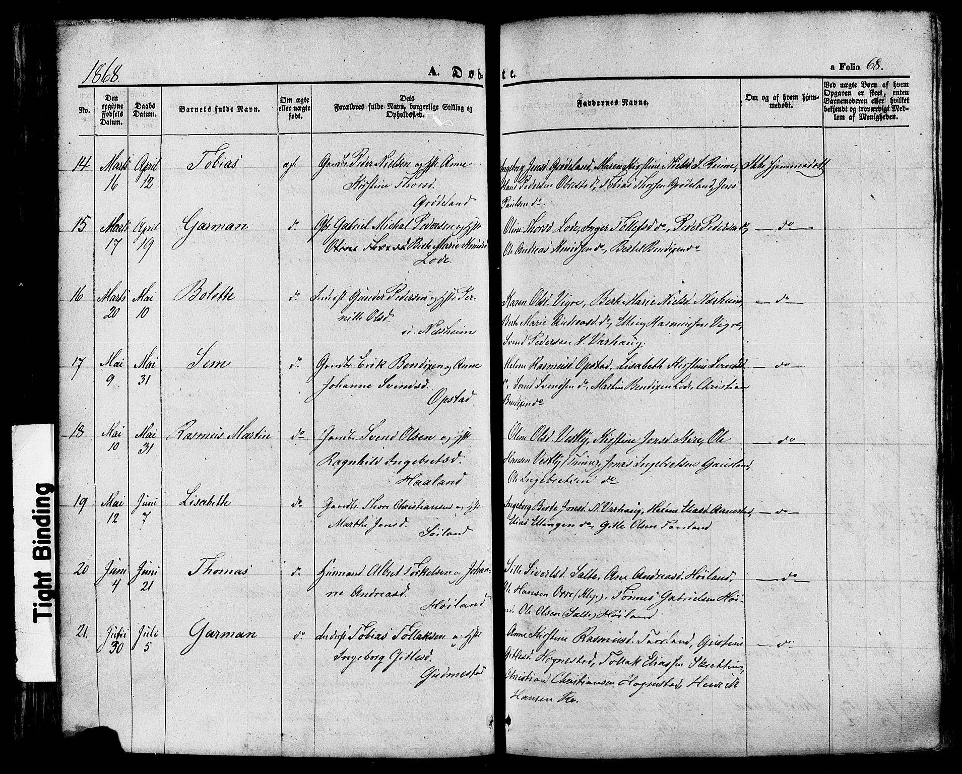 Hå sokneprestkontor, AV/SAST-A-101801/001/30BA/L0008: Parish register (official) no. A 7, 1853-1878, p. 68