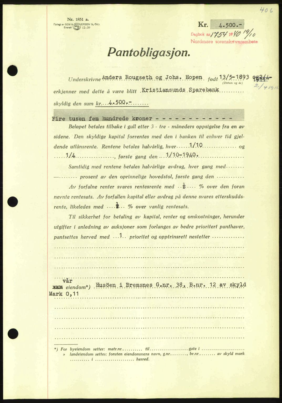 Nordmøre sorenskriveri, AV/SAT-A-4132/1/2/2Ca: Mortgage book no. B87, 1940-1941, Diary no: : 1754/1940