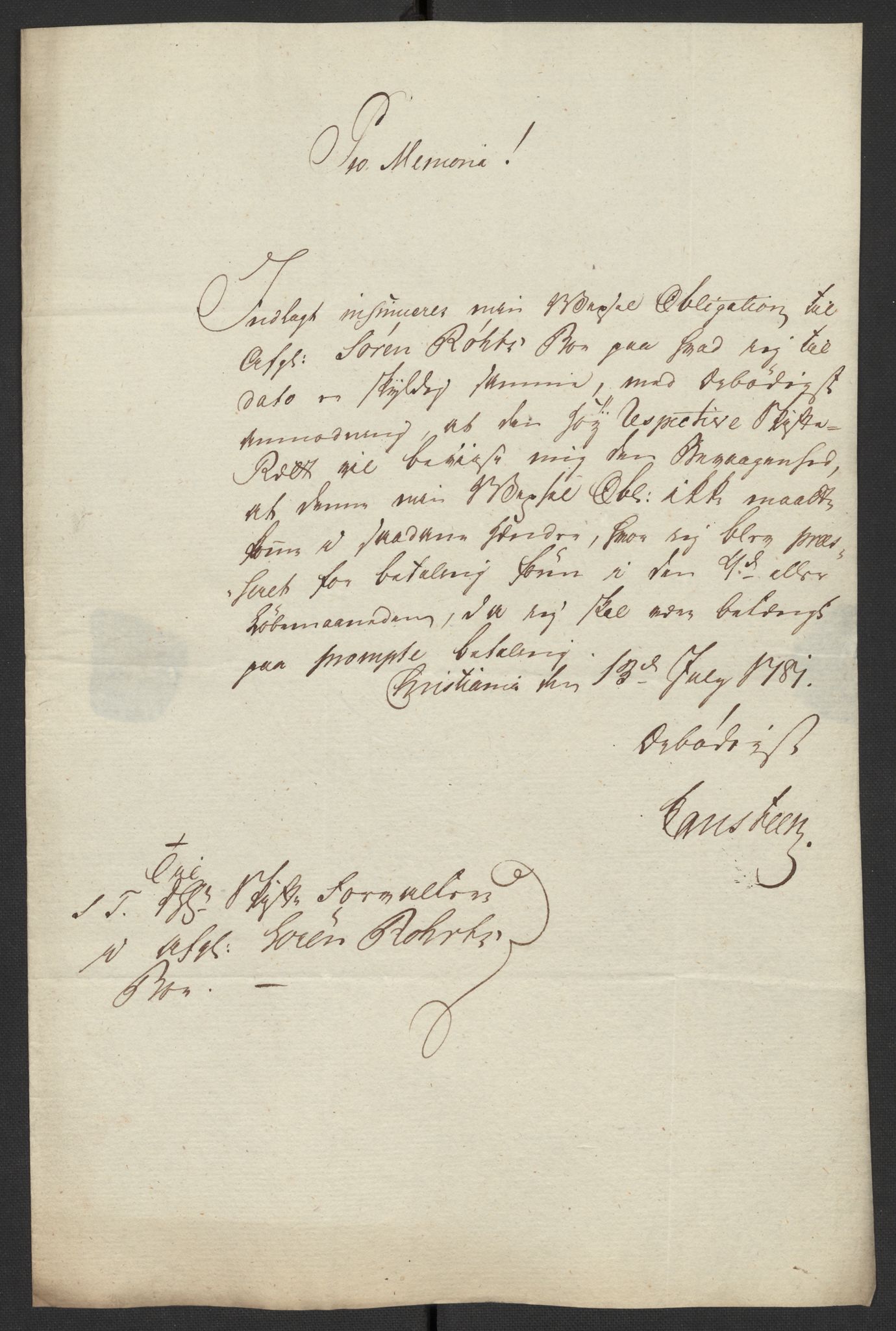 Oslo politidistrikt, AV/SAO-A-10085/D/Da/L0003: Innkomne brev, pro memoria m.v., 1781, p. 36
