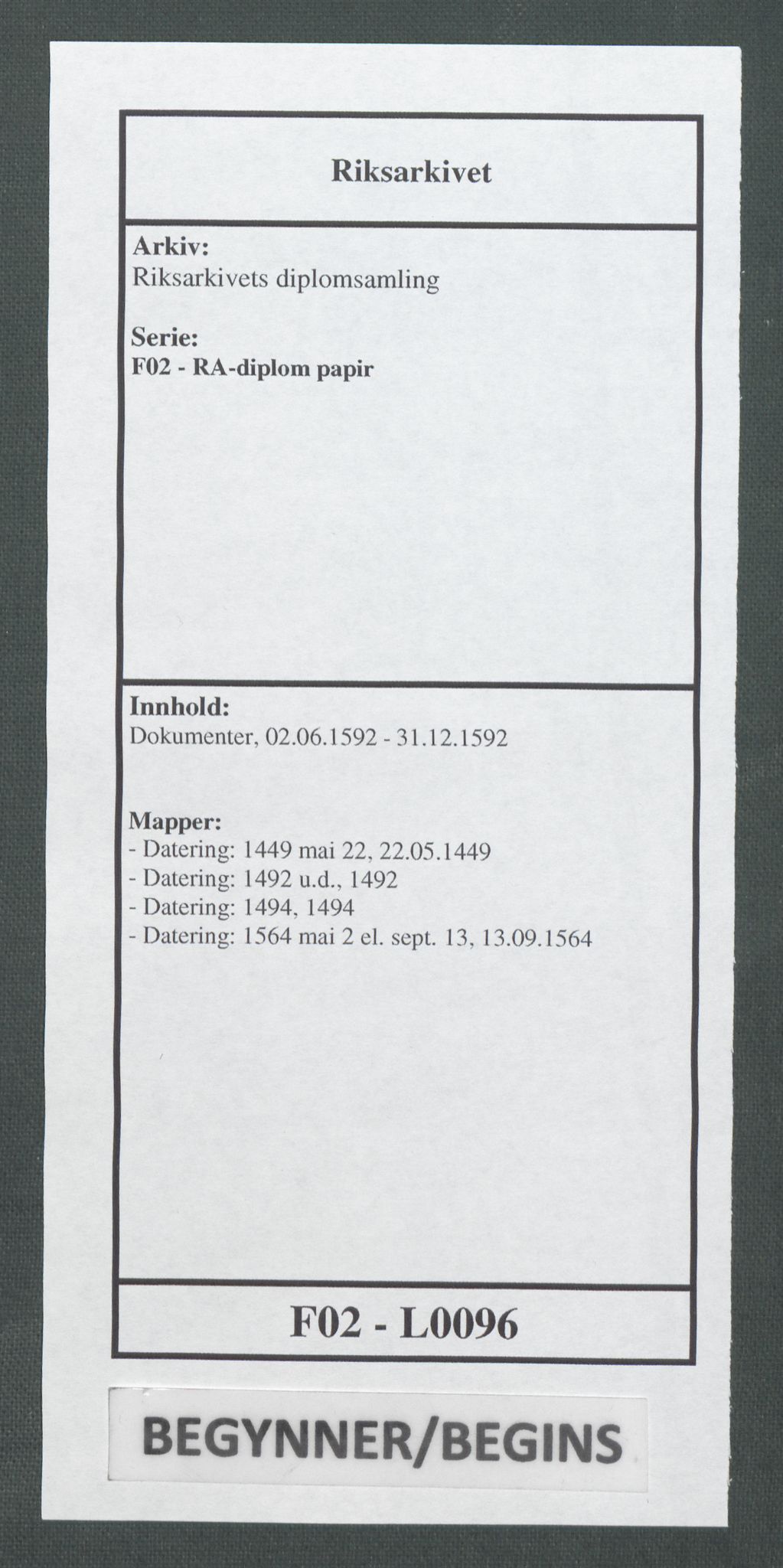 Riksarkivets diplomsamling, AV/RA-EA-5965/F02/L0096: Dokumenter, 1592, p. 1