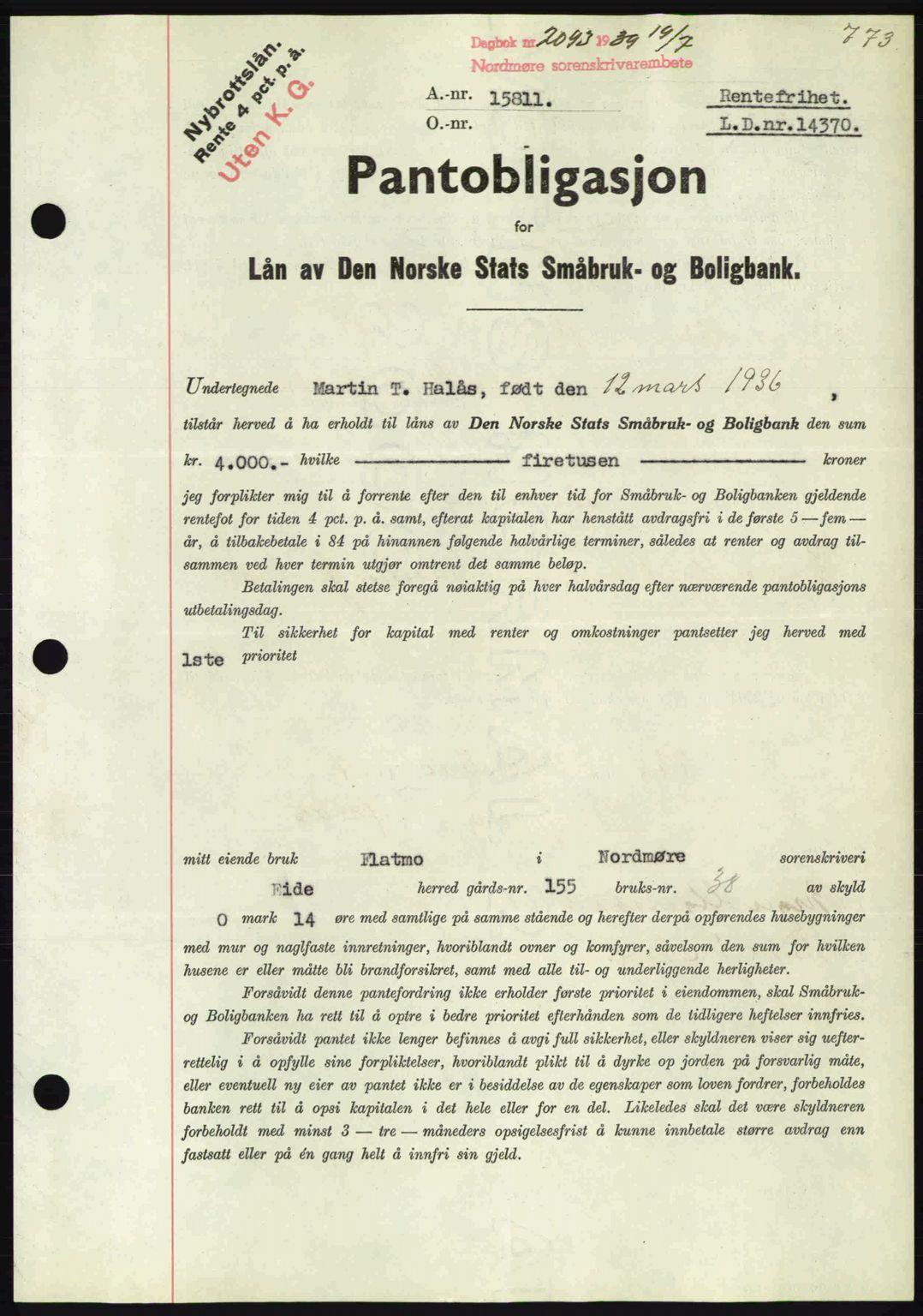 Nordmøre sorenskriveri, AV/SAT-A-4132/1/2/2Ca: Mortgage book no. B85, 1939-1939, Diary no: : 2093/1939