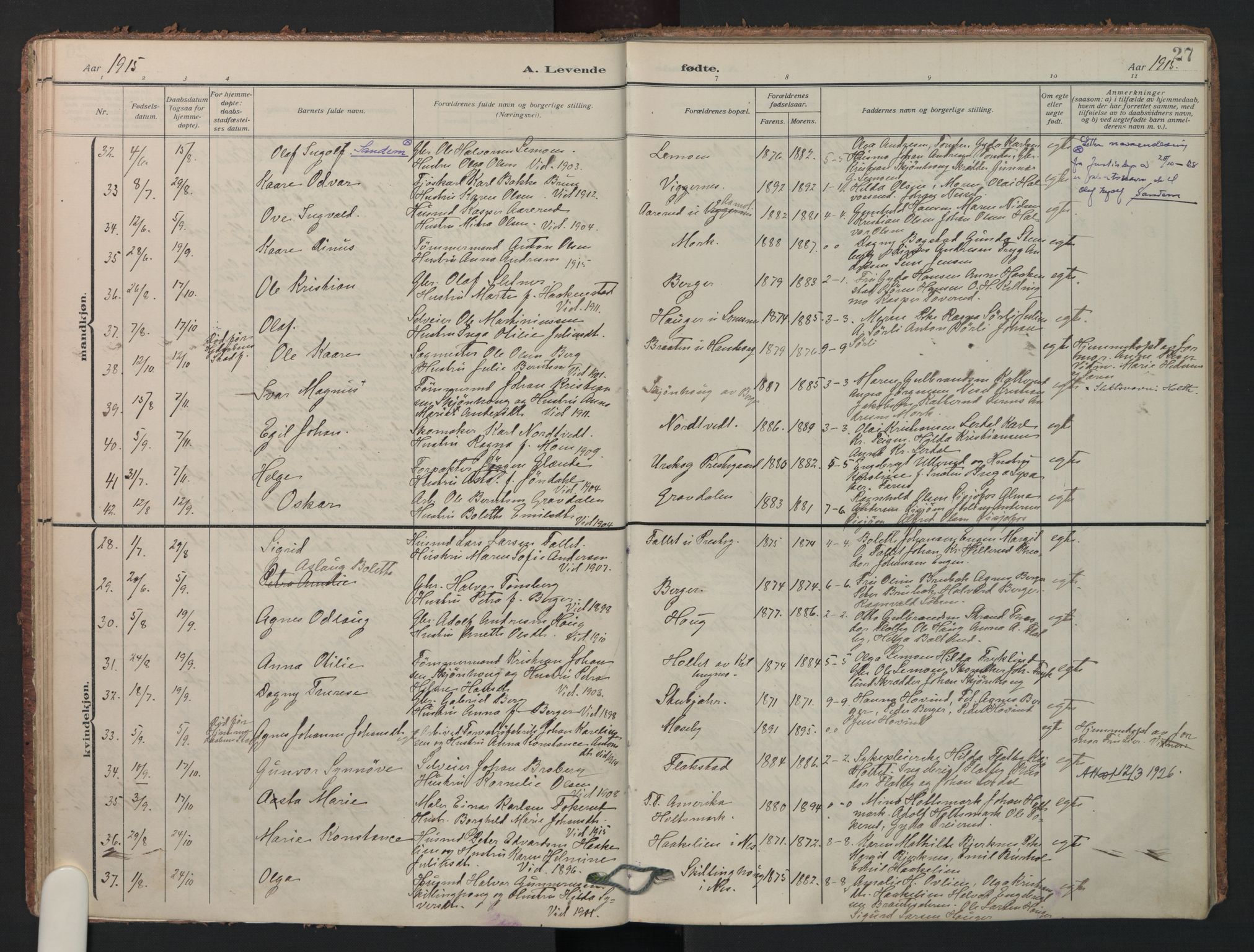 Aurskog prestekontor Kirkebøker, SAO/A-10304a/F/Fa/L0014: Parish register (official) no. I 14, 1911-1926, p. 27