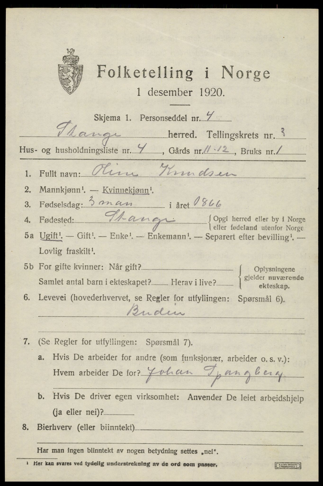 SAH, 1920 census for Stange, 1920, p. 5233