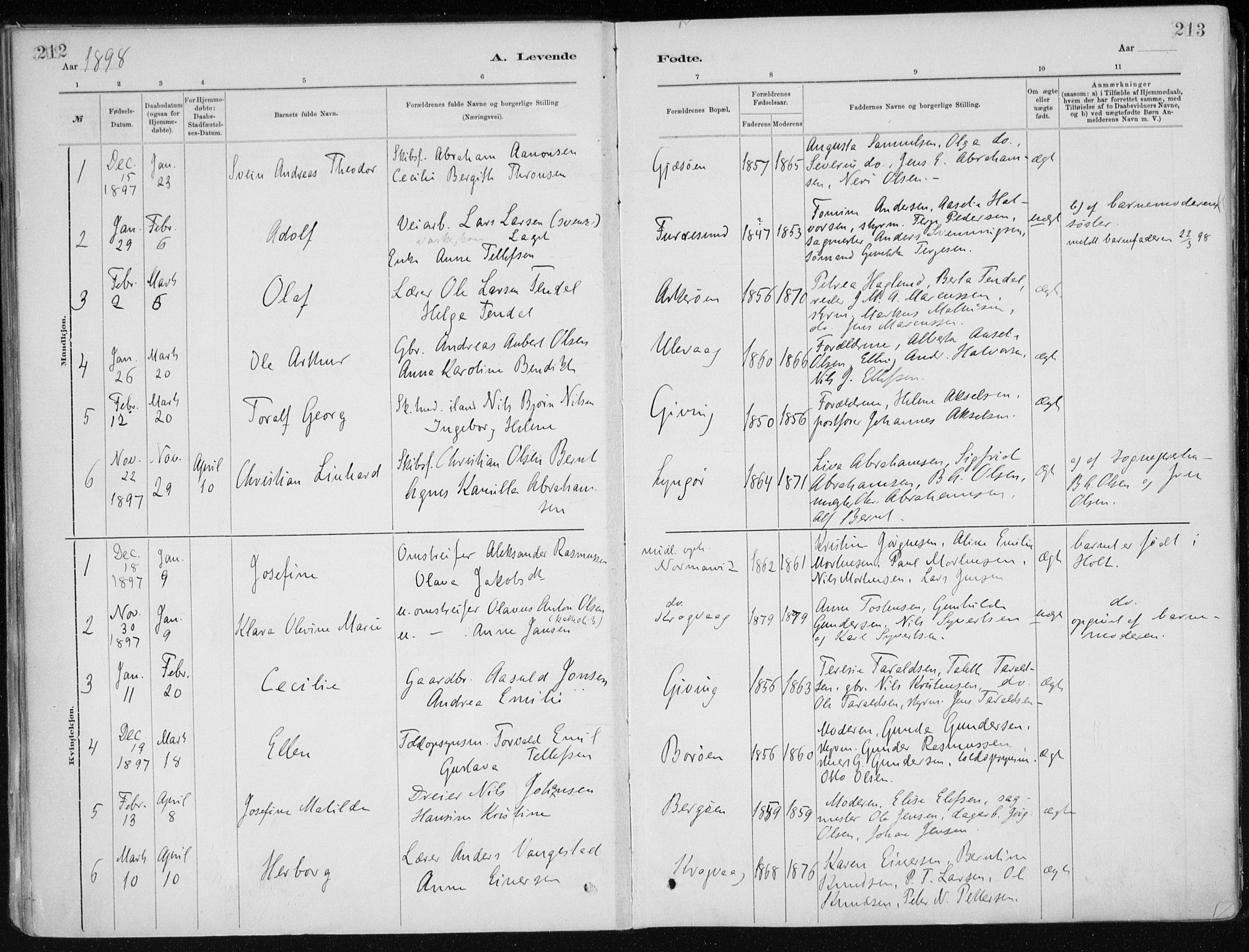 Dypvåg sokneprestkontor, SAK/1111-0007/F/Fa/Faa/L0008: Parish register (official) no. A 8, 1885-1906, p. 212-213