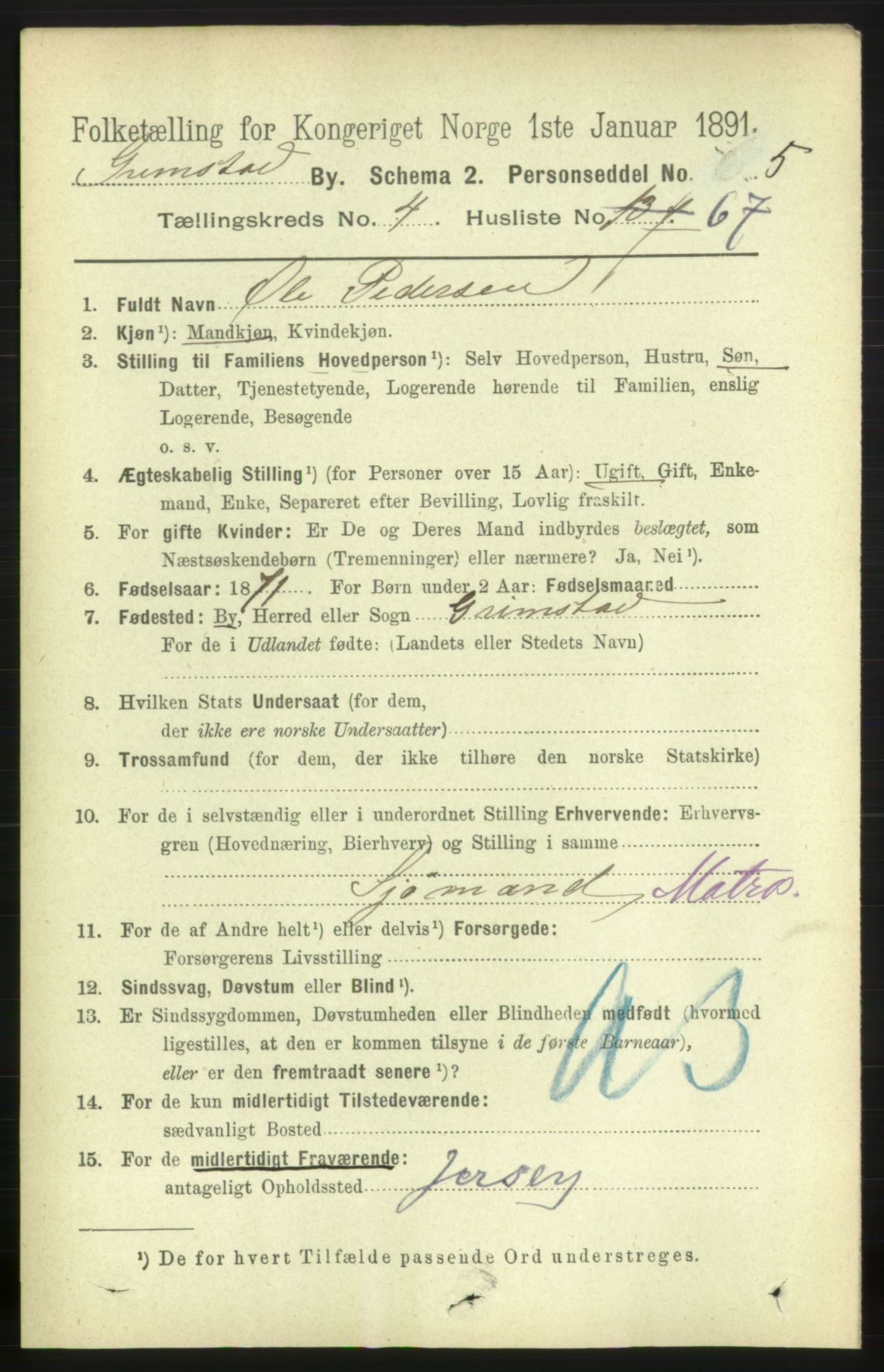 RA, 1891 census for 0904 Grimstad, 1891, p. 3003