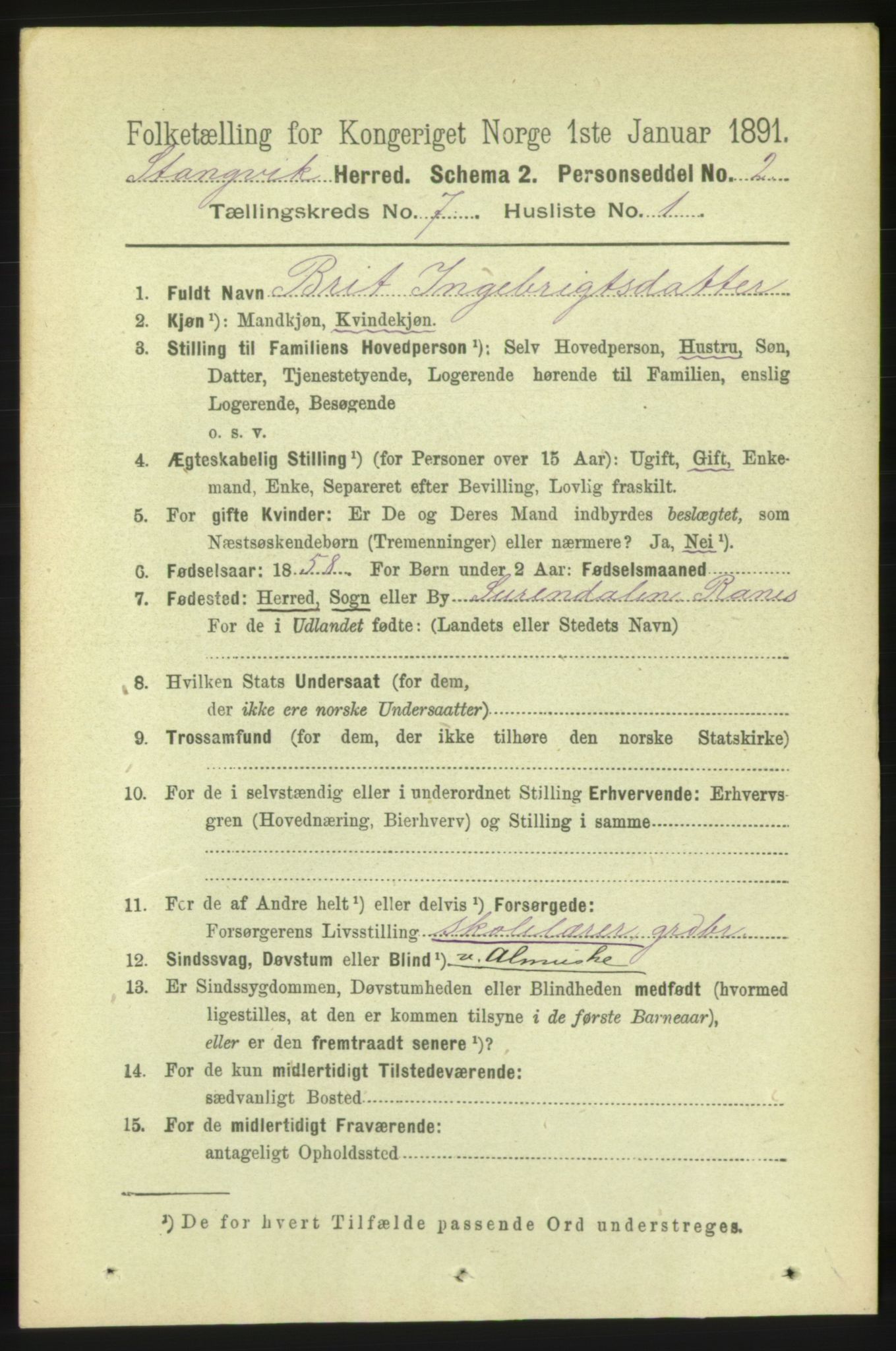 RA, 1891 census for 1564 Stangvik, 1891, p. 3014