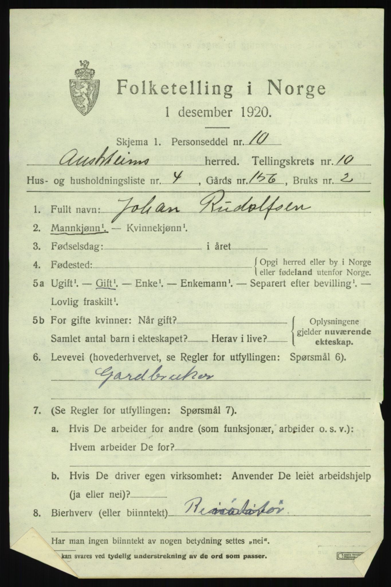 SAB, 1920 census for Austrheim, 1920, p. 3530