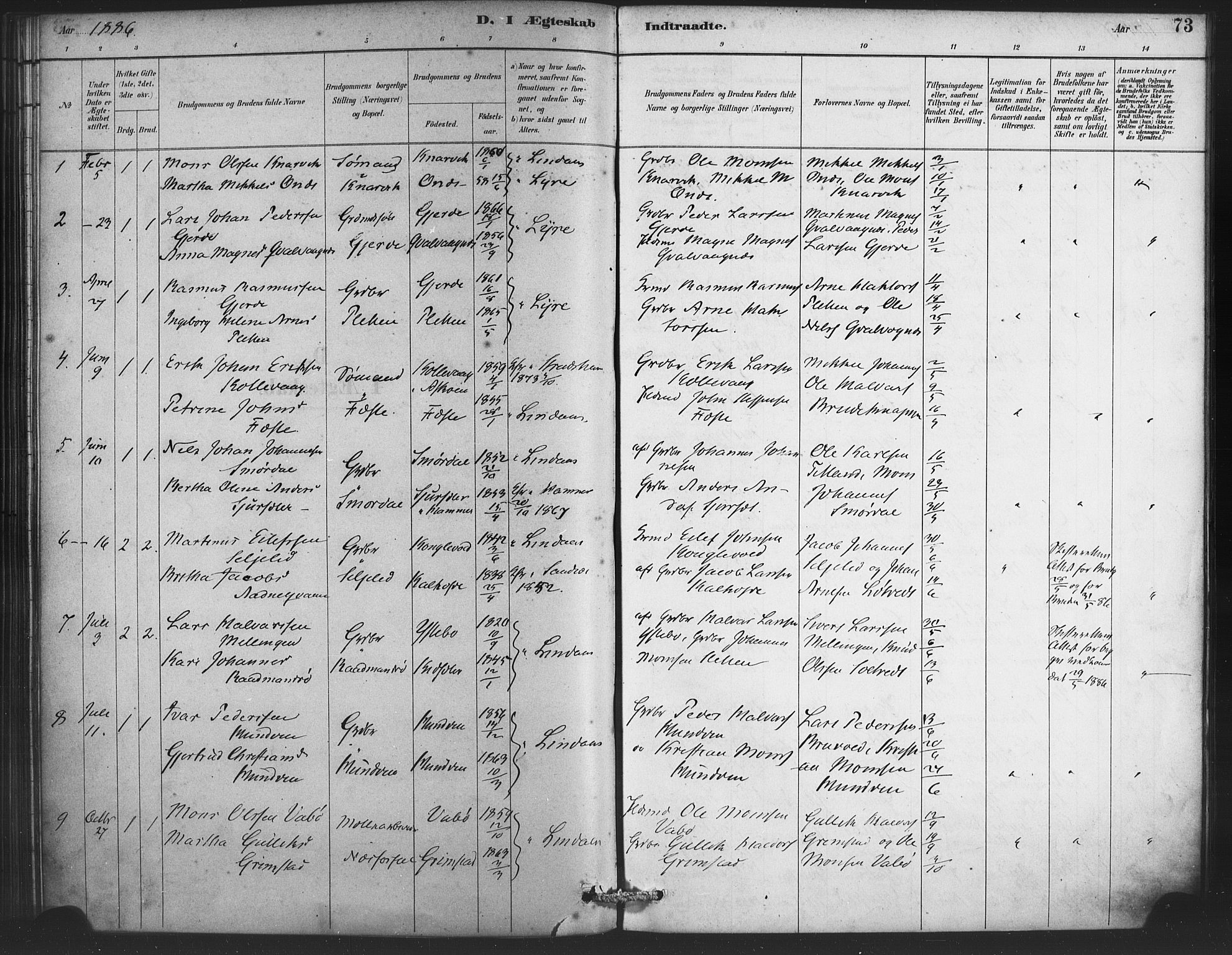 Lindås Sokneprestembete, SAB/A-76701/H/Haa: Parish register (official) no. E 1, 1886-1897, p. 73