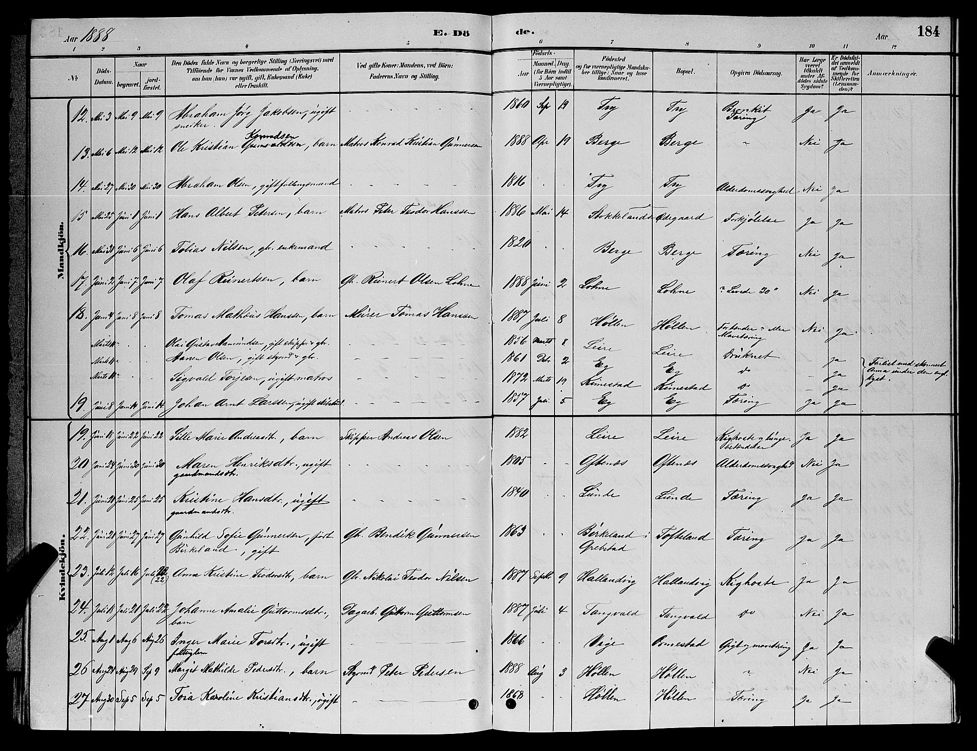 Søgne sokneprestkontor, SAK/1111-0037/F/Fb/Fbb/L0005: Parish register (copy) no. B 5, 1884-1891, p. 184