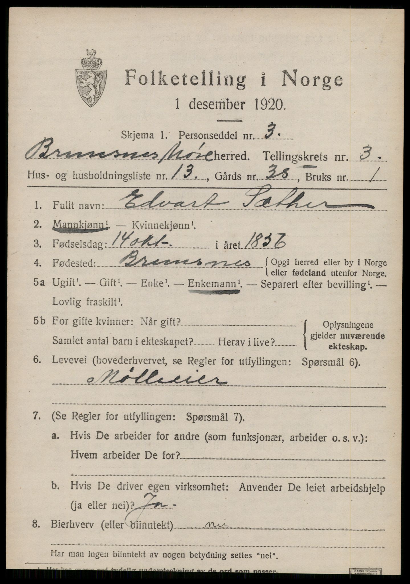 SAT, 1920 census for Bremsnes, 1920, p. 3549