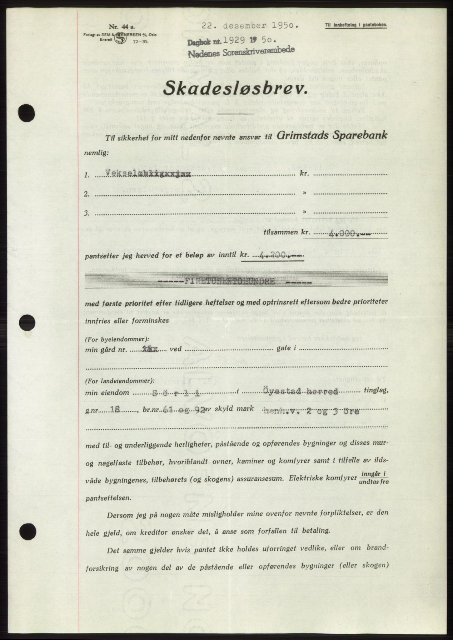 Nedenes sorenskriveri, AV/SAK-1221-0006/G/Gb/Gbb/L0008: Mortgage book no. B8, 1950-1950, Diary no: : 1929/1950