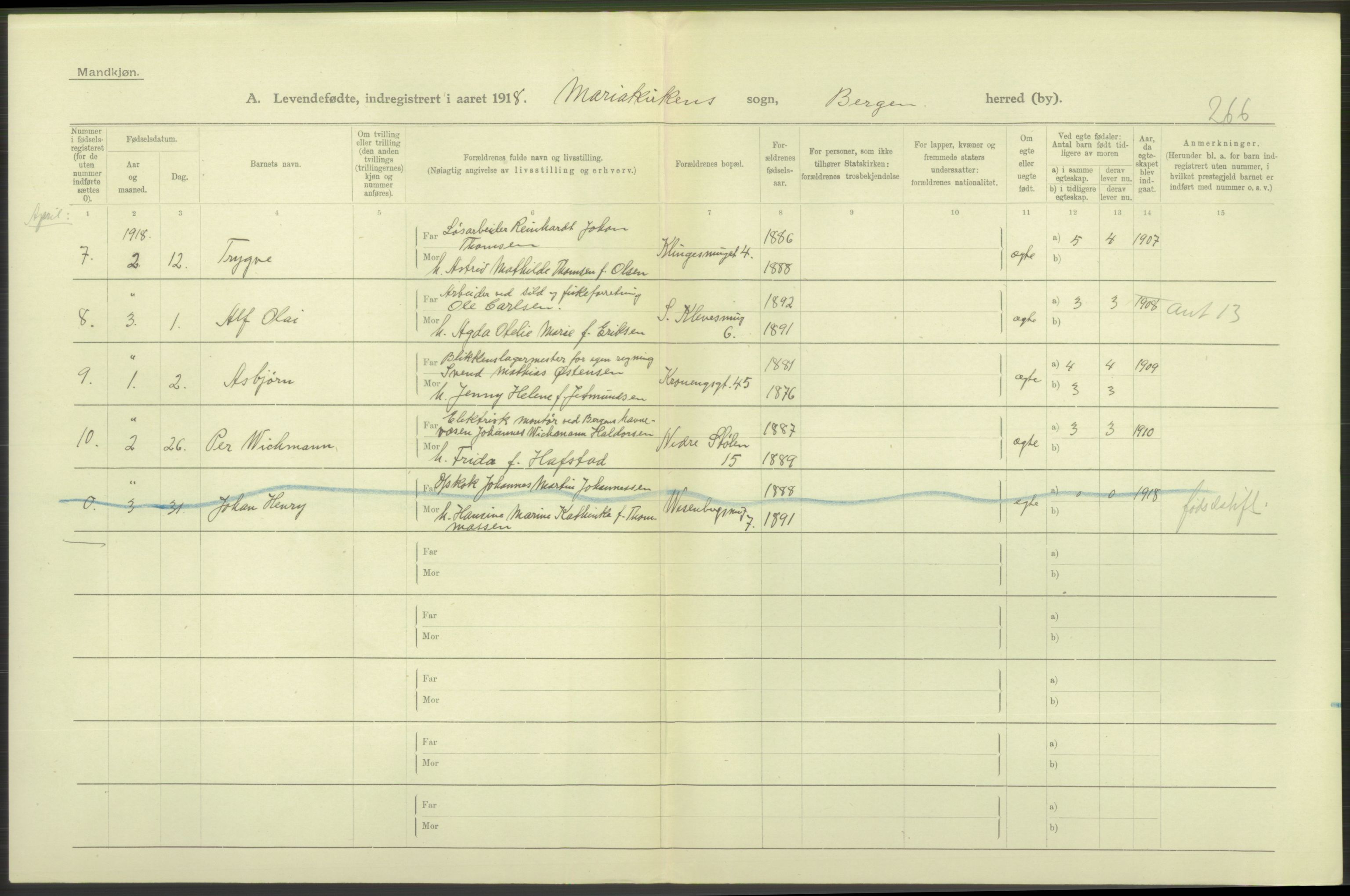 Statistisk sentralbyrå, Sosiodemografiske emner, Befolkning, AV/RA-S-2228/D/Df/Dfb/Dfbh/L0037: Bergen: Levendefødte menn og kvinner., 1918, p. 350