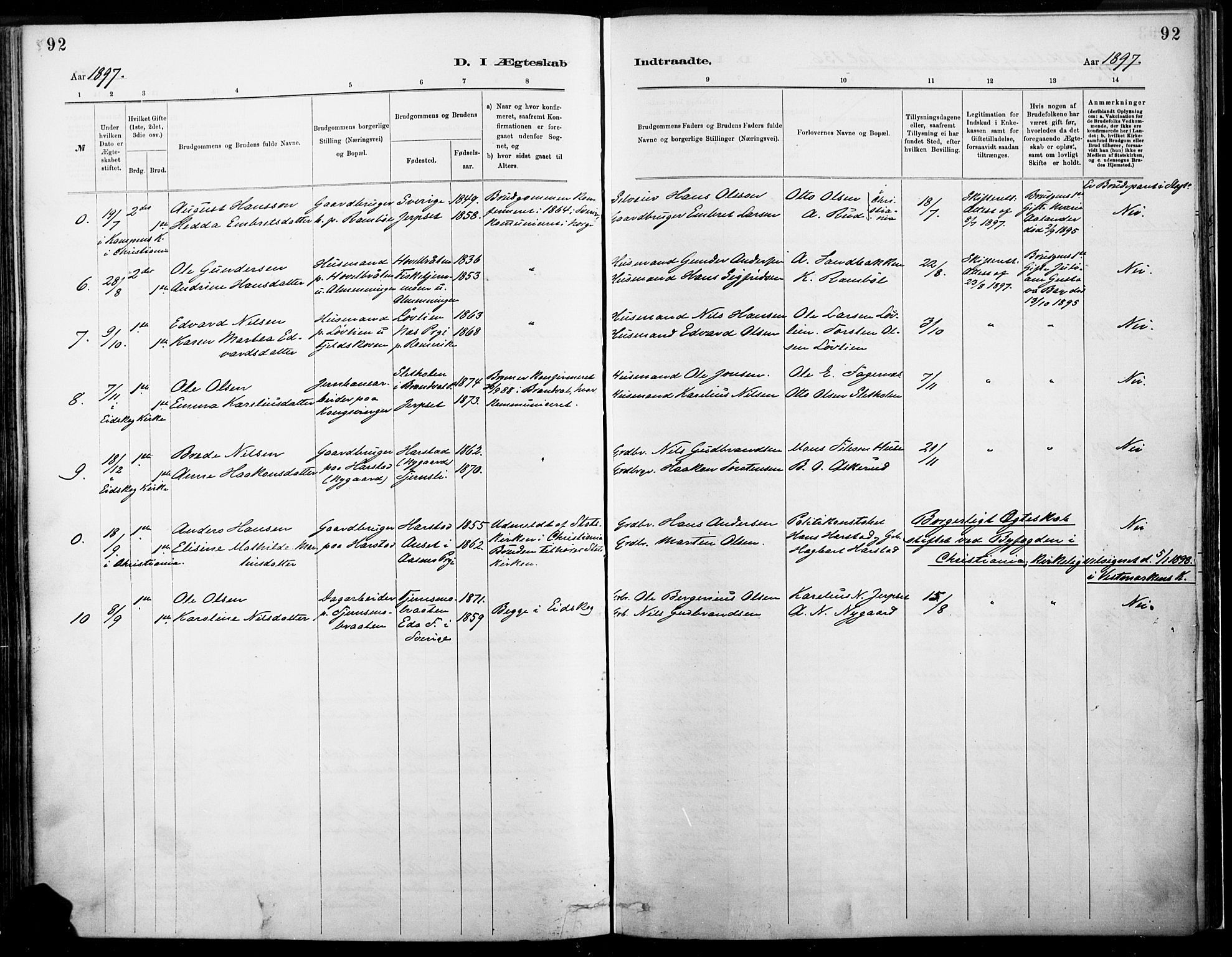 Eidskog prestekontor, SAH/PREST-026/H/Ha/Haa/L0004: Parish register (official) no. 4, 1884-1897, p. 92