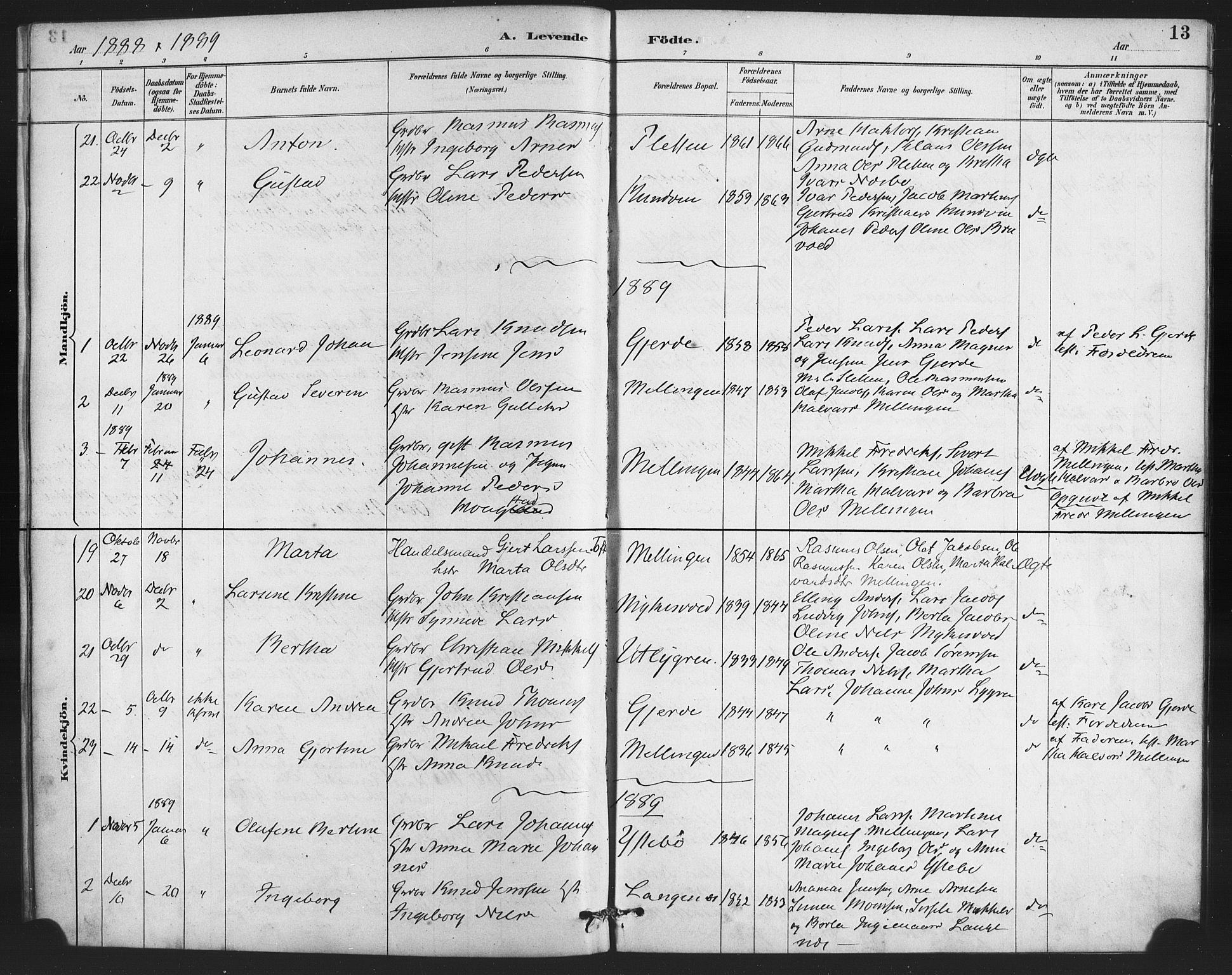 Lindås Sokneprestembete, SAB/A-76701/H/Haa: Parish register (official) no. E 1, 1886-1897, p. 13