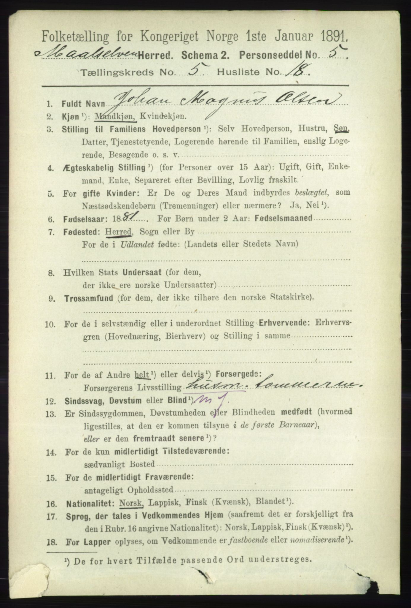RA, 1891 census for 1924 Målselv, 1891, p. 1750