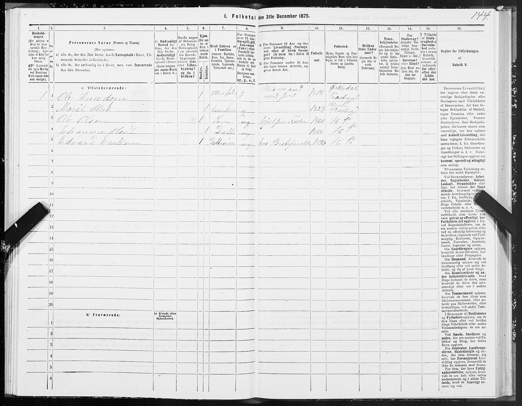 SAT, 1875 census for 1612P Hemne, 1875, p. 2144