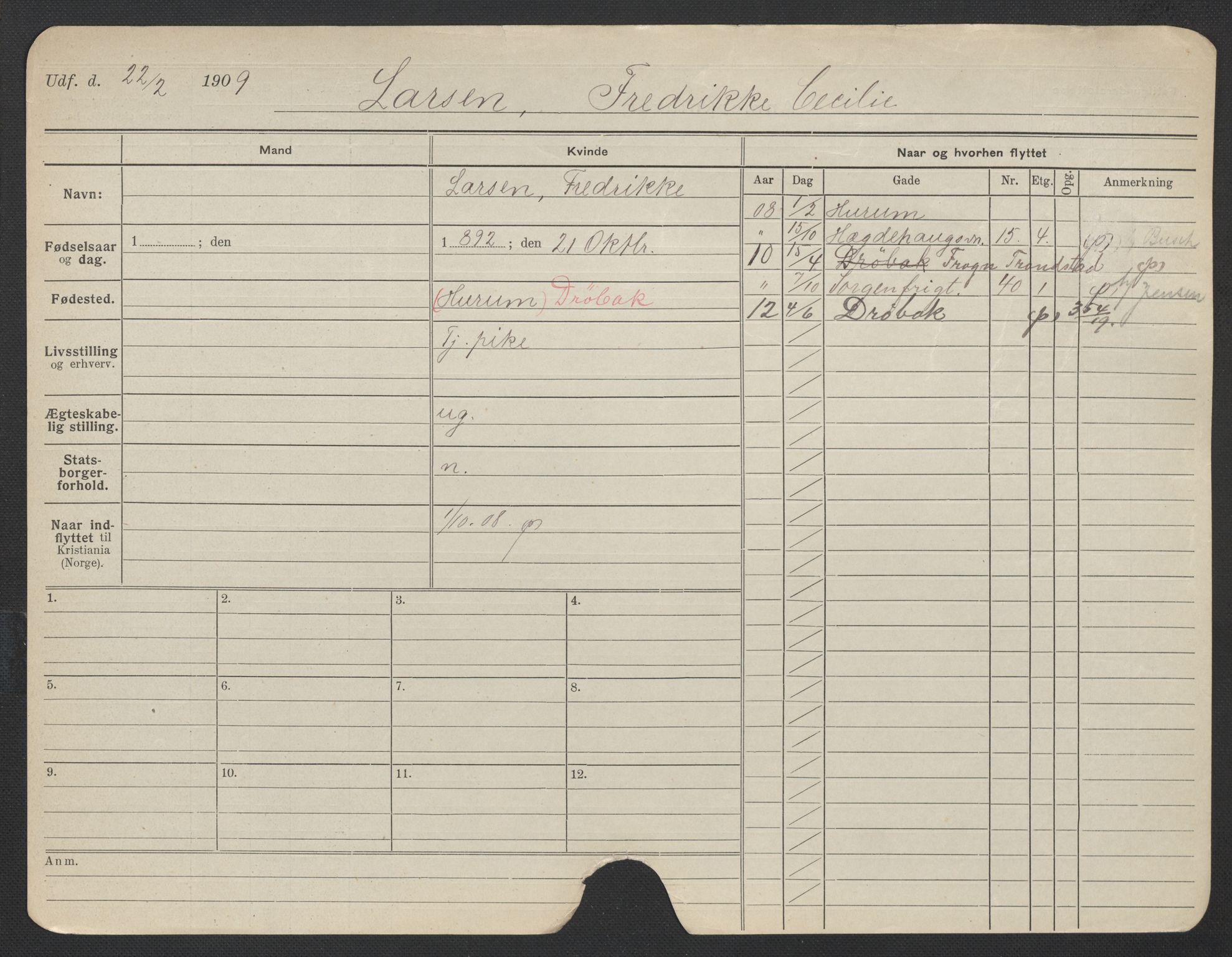 Oslo folkeregister, Registerkort, AV/SAO-A-11715/F/Fa/Fac/L0019: Kvinner, 1906-1914, p. 883a