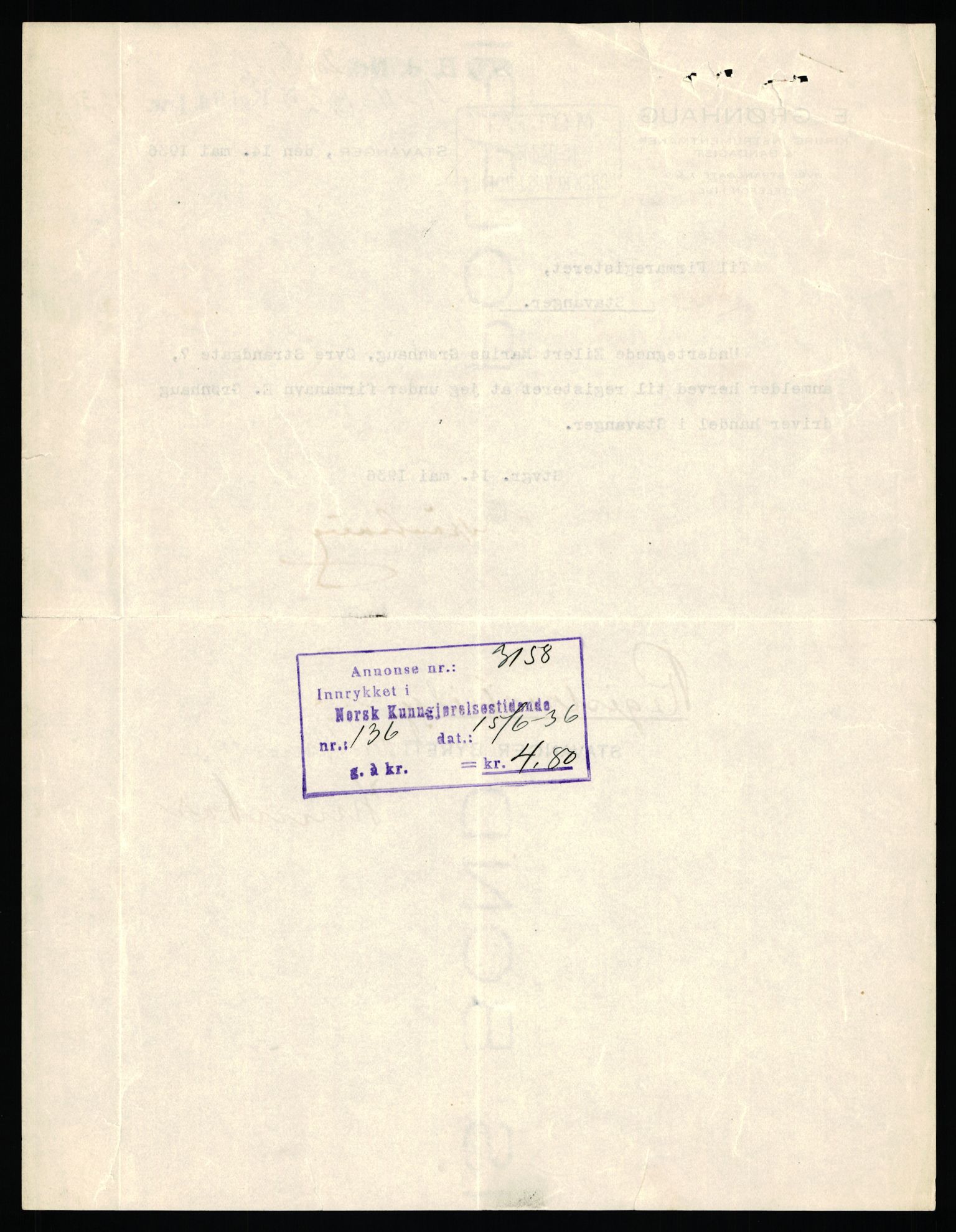 Stavanger byfogd, AV/SAST-A-101408/002/J/Jd/Jde/L0004: Registreringsmeldinger og bilag. Enkeltmannsforetak, 1001-1350, 1891-1990, p. 134