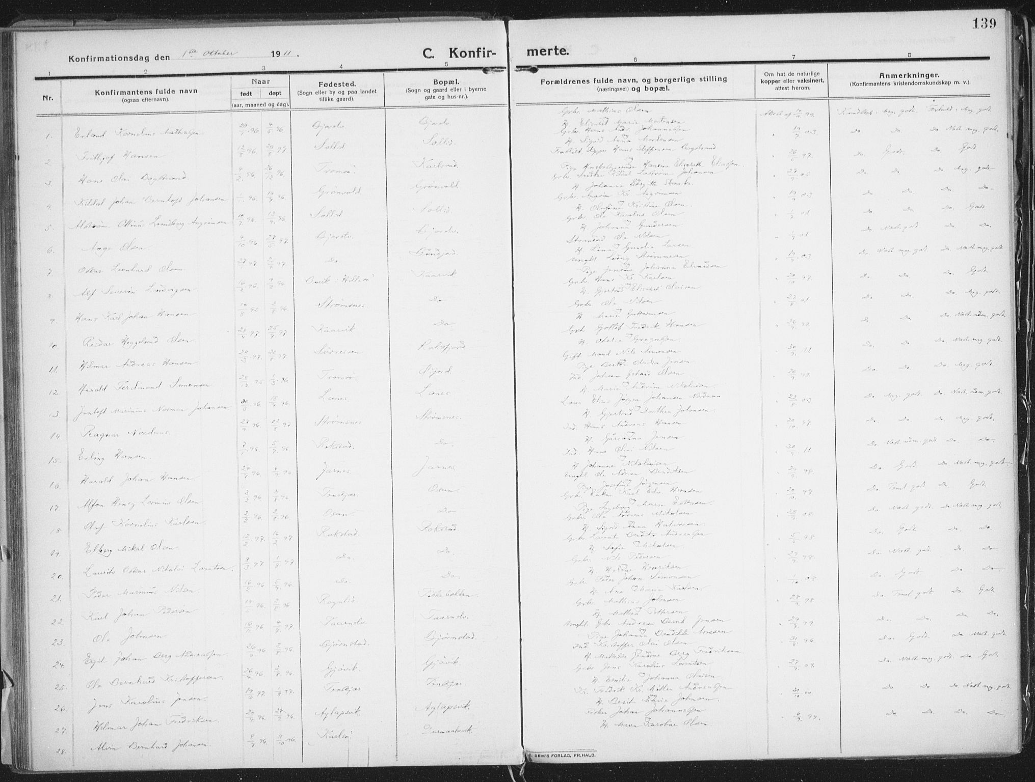 Lenvik sokneprestembete, AV/SATØ-S-1310/H/Ha/Haa/L0016kirke: Parish register (official) no. 16, 1910-1924, p. 139