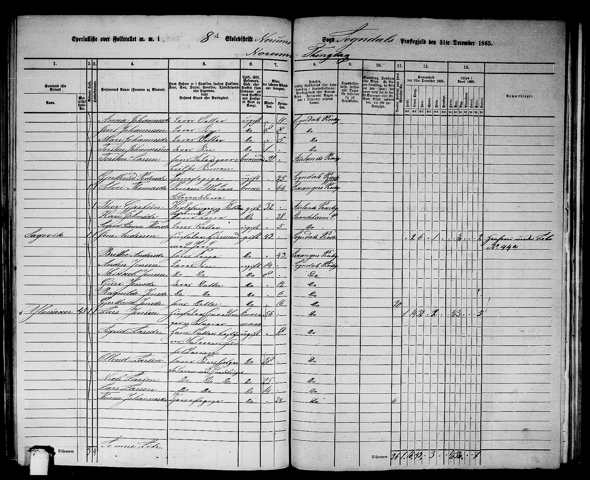 RA, 1865 census for Sogndal, 1865, p. 141