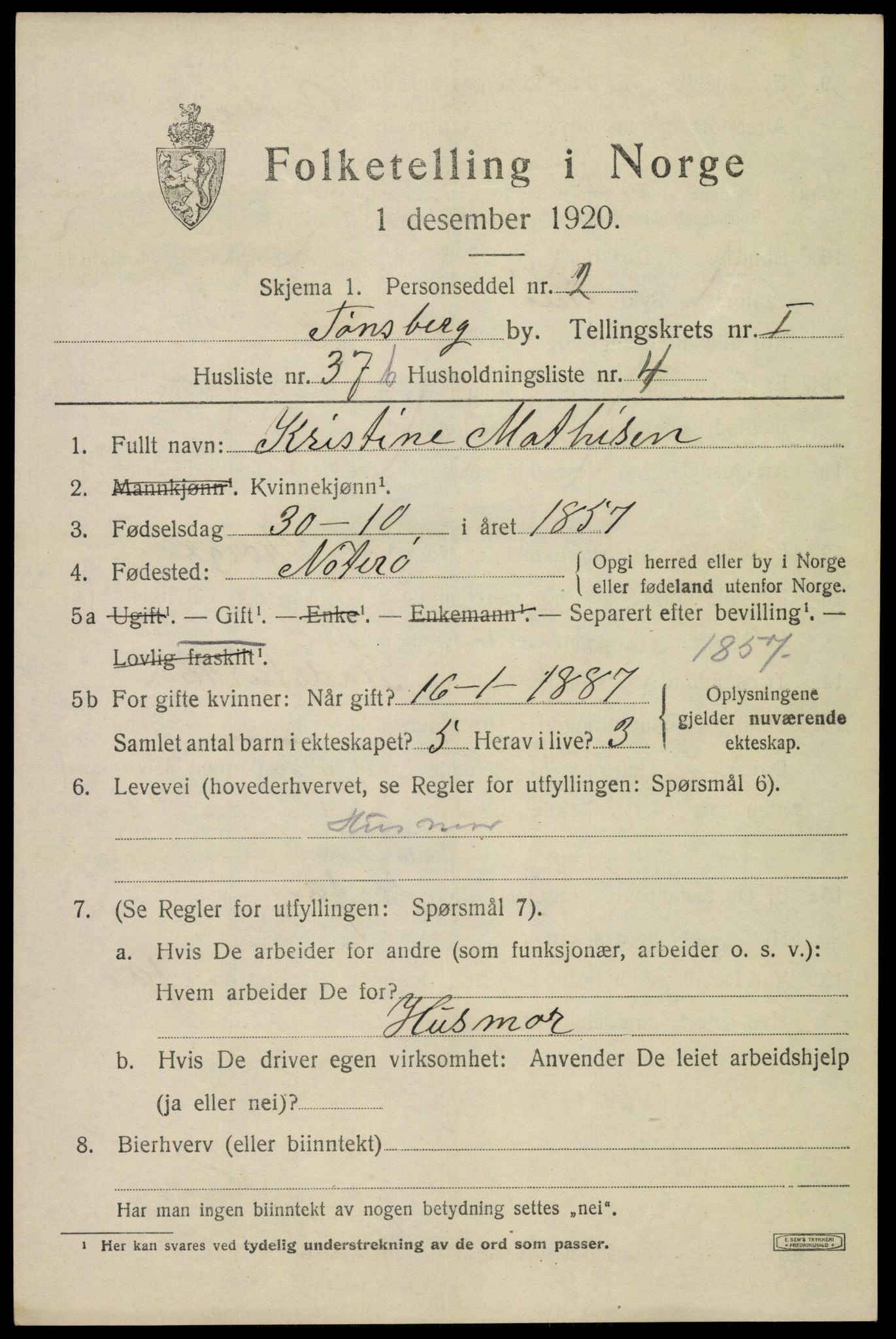 SAKO, 1920 census for Tønsberg, 1920, p. 9535