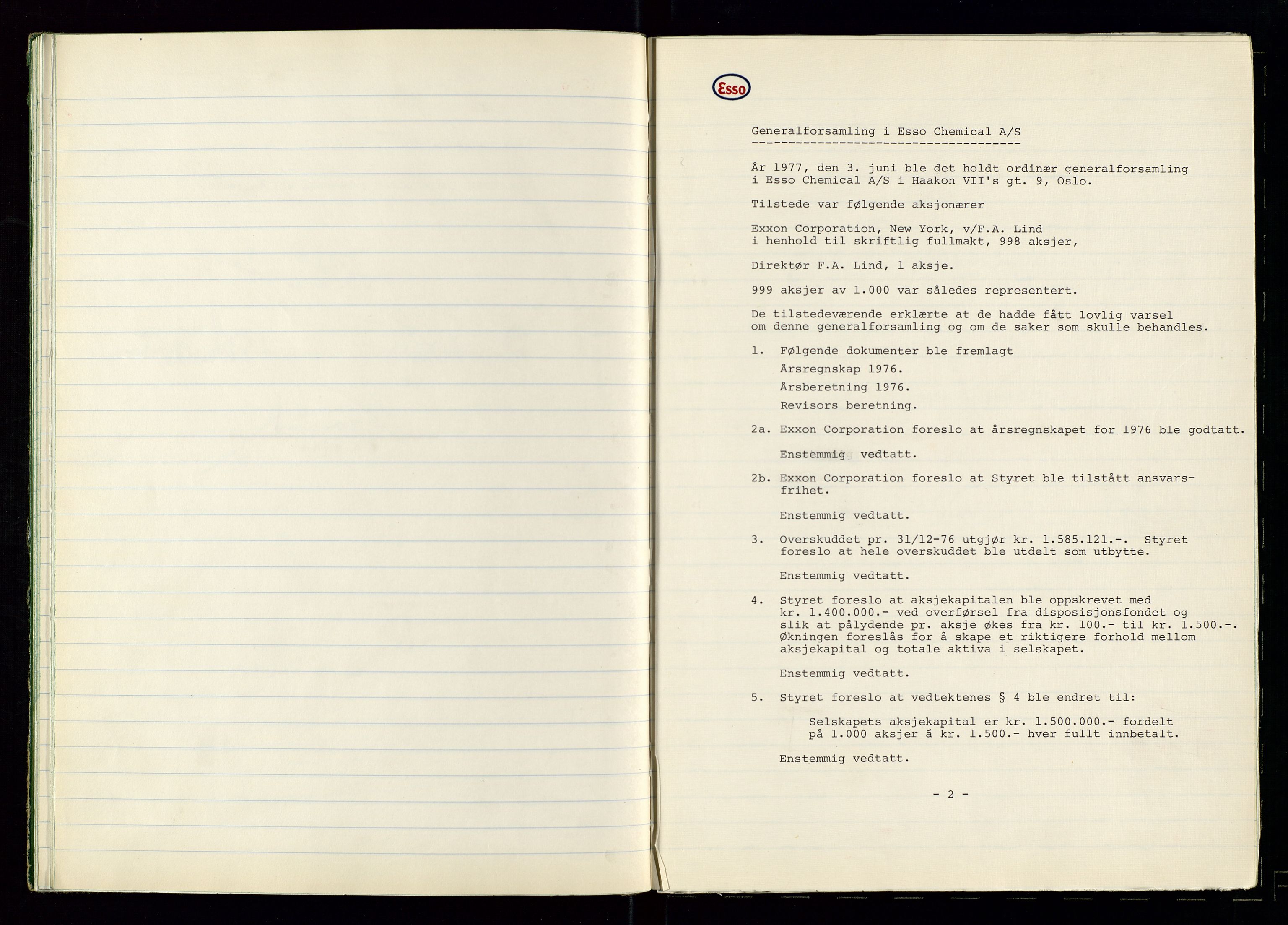 PA 1538 - Exxon Chemical Norge A/S, AV/SAST-A-101958/A/Aa/L0001/0002: Generalforsamlinger og styreprotokoller / Protokoll for generalforsamlinger, 1966-1996