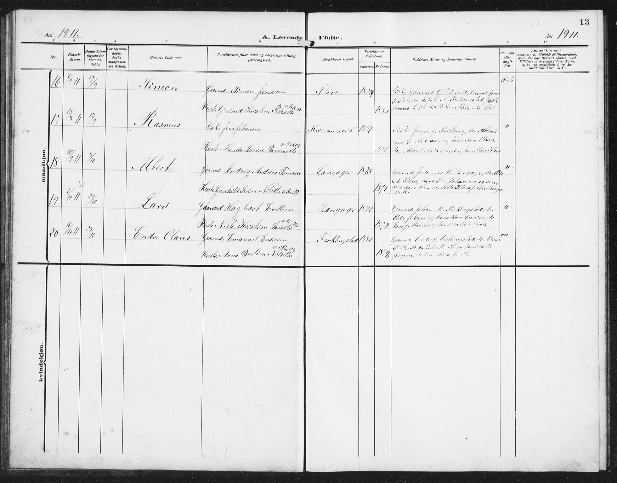 Skudenes sokneprestkontor, AV/SAST-A -101849/H/Ha/Hab/L0011: Parish register (copy) no. B 11, 1909-1943, p. 13