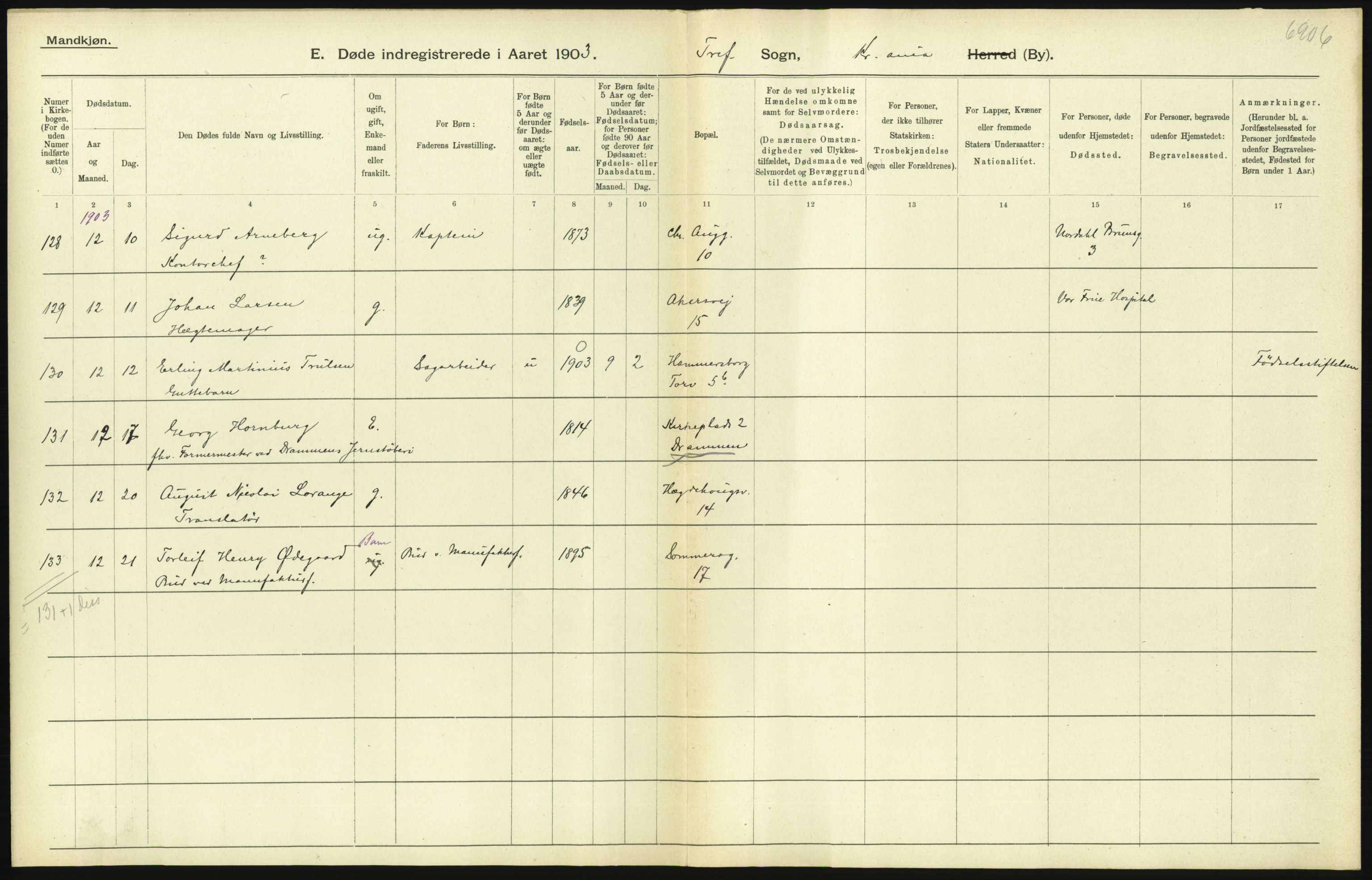 Statistisk sentralbyrå, Sosiodemografiske emner, Befolkning, AV/RA-S-2228/D/Df/Dfa/Dfaa/L0004: Kristiania: Gifte, døde, 1903, p. 125