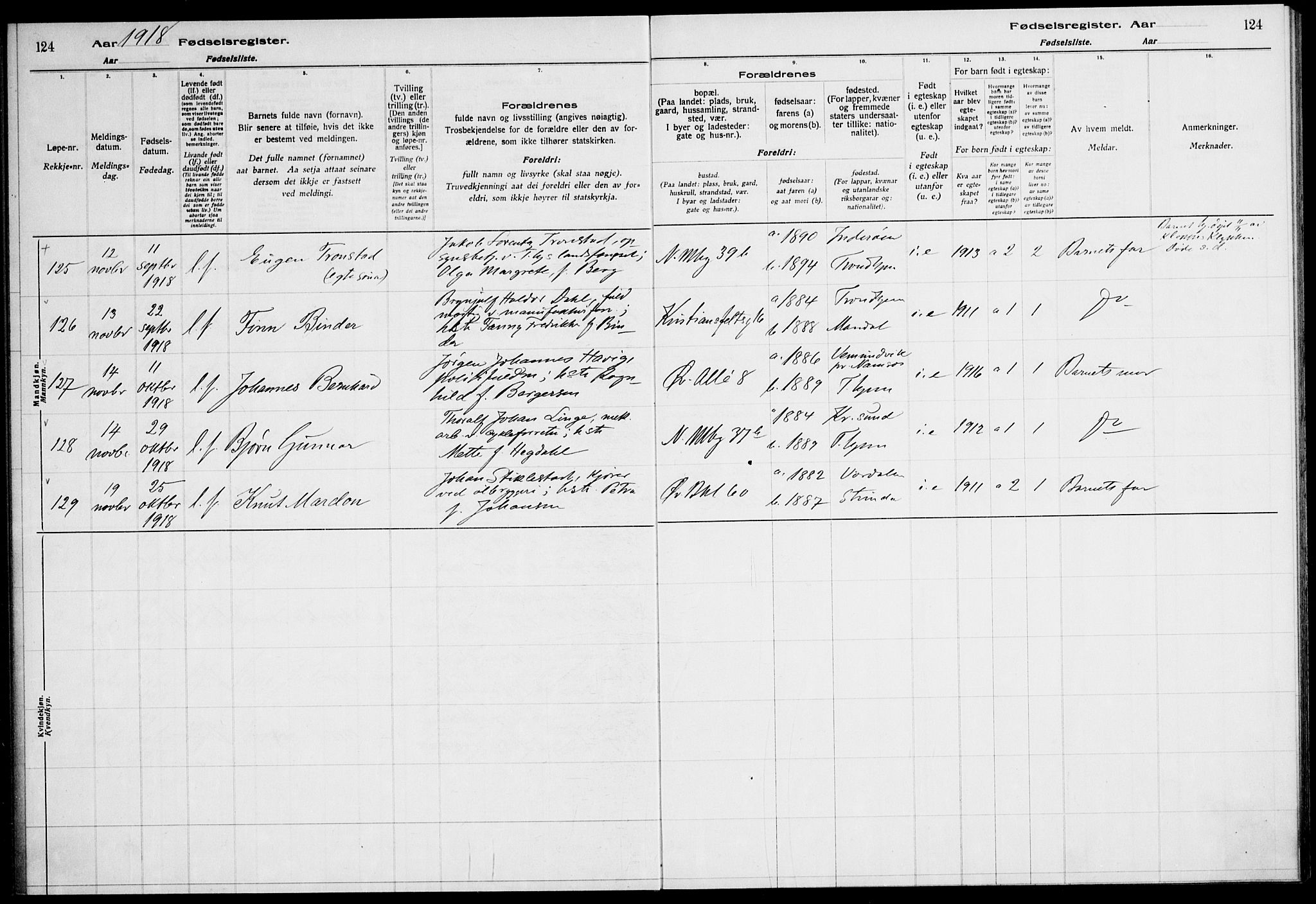 Ministerialprotokoller, klokkerbøker og fødselsregistre - Sør-Trøndelag, SAT/A-1456/604/L0232: Birth register no. 604.II.4.1, 1916-1920, p. 124