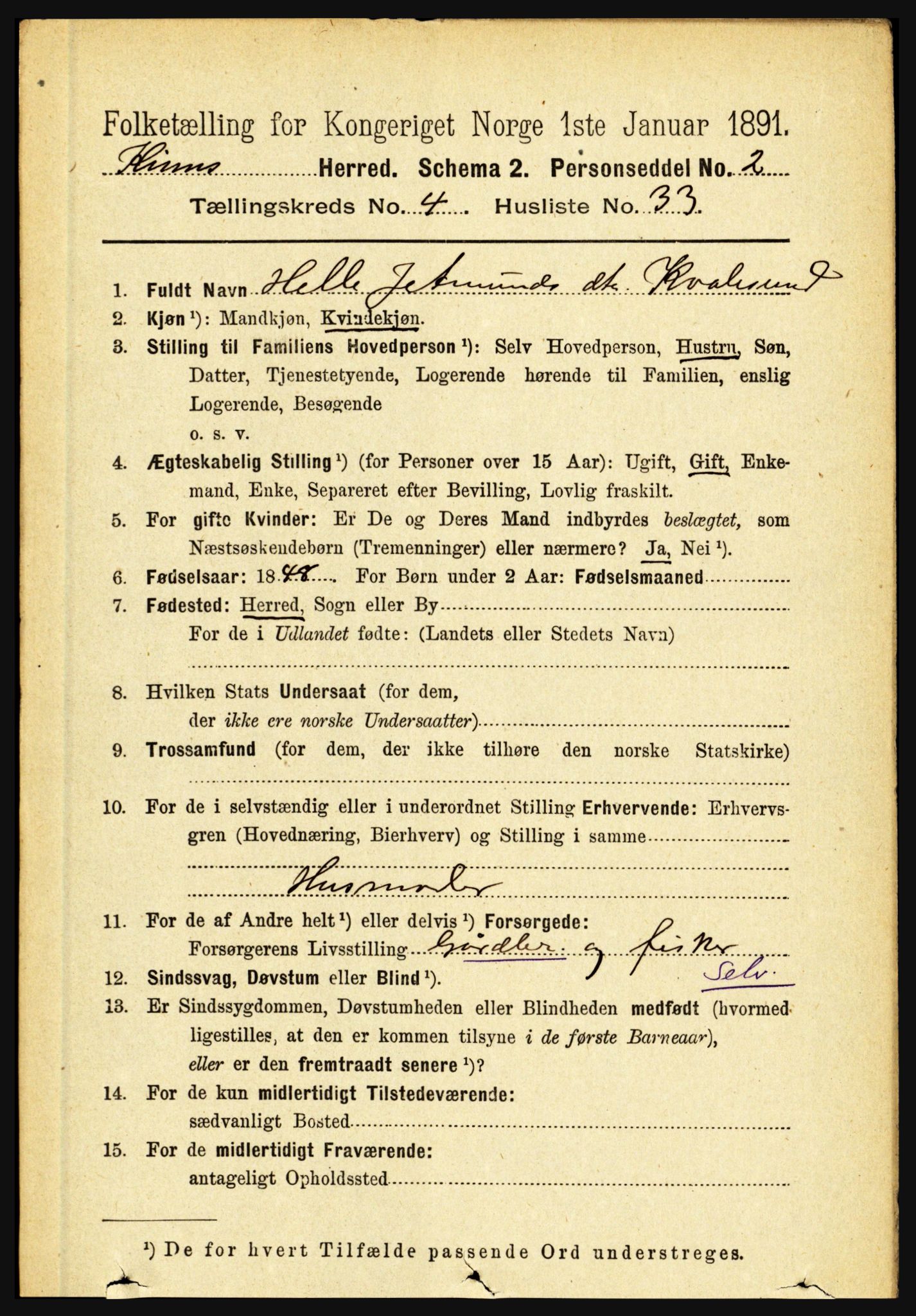RA, 1891 census for 1437 Kinn, 1891, p. 1509