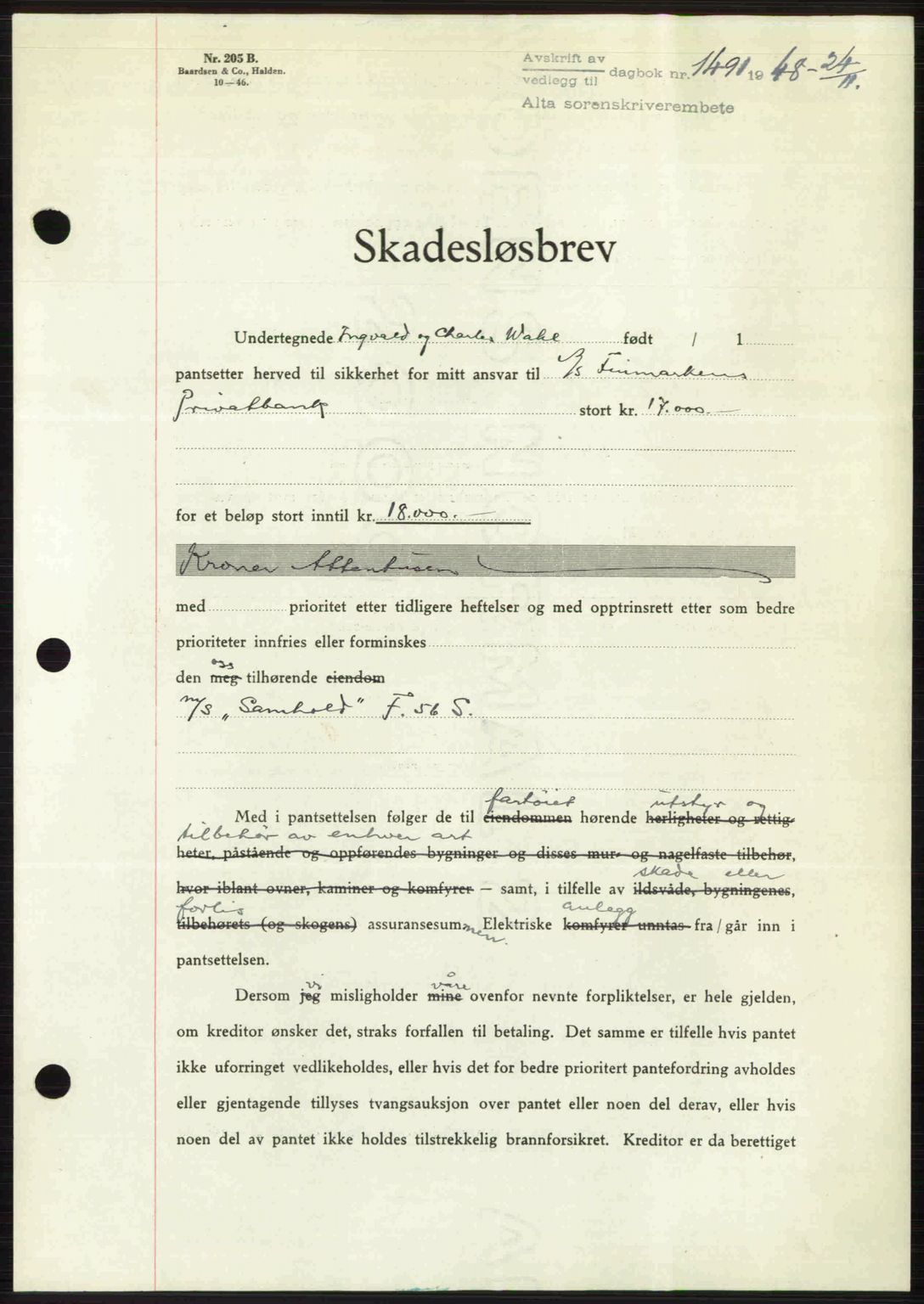 Alta fogderi/sorenskriveri, AV/SATØ-SATØ-5/1/K/Kd/L0037pantebok: Mortgage book no. 39-40, 1948-1949, Diary no: : 1491/1948