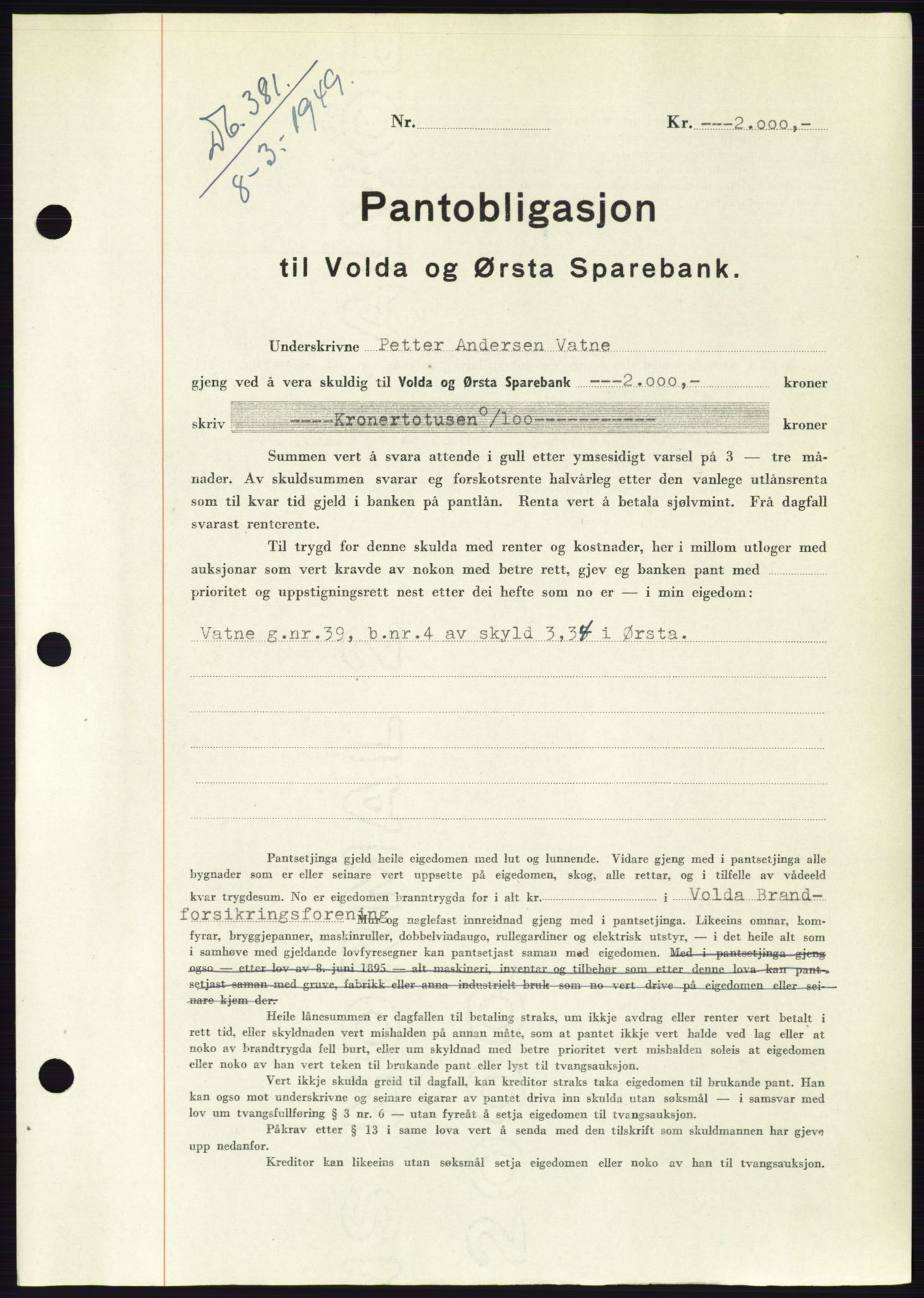 Søre Sunnmøre sorenskriveri, AV/SAT-A-4122/1/2/2C/L0116: Mortgage book no. 4B, 1948-1949, Diary no: : 381/1949