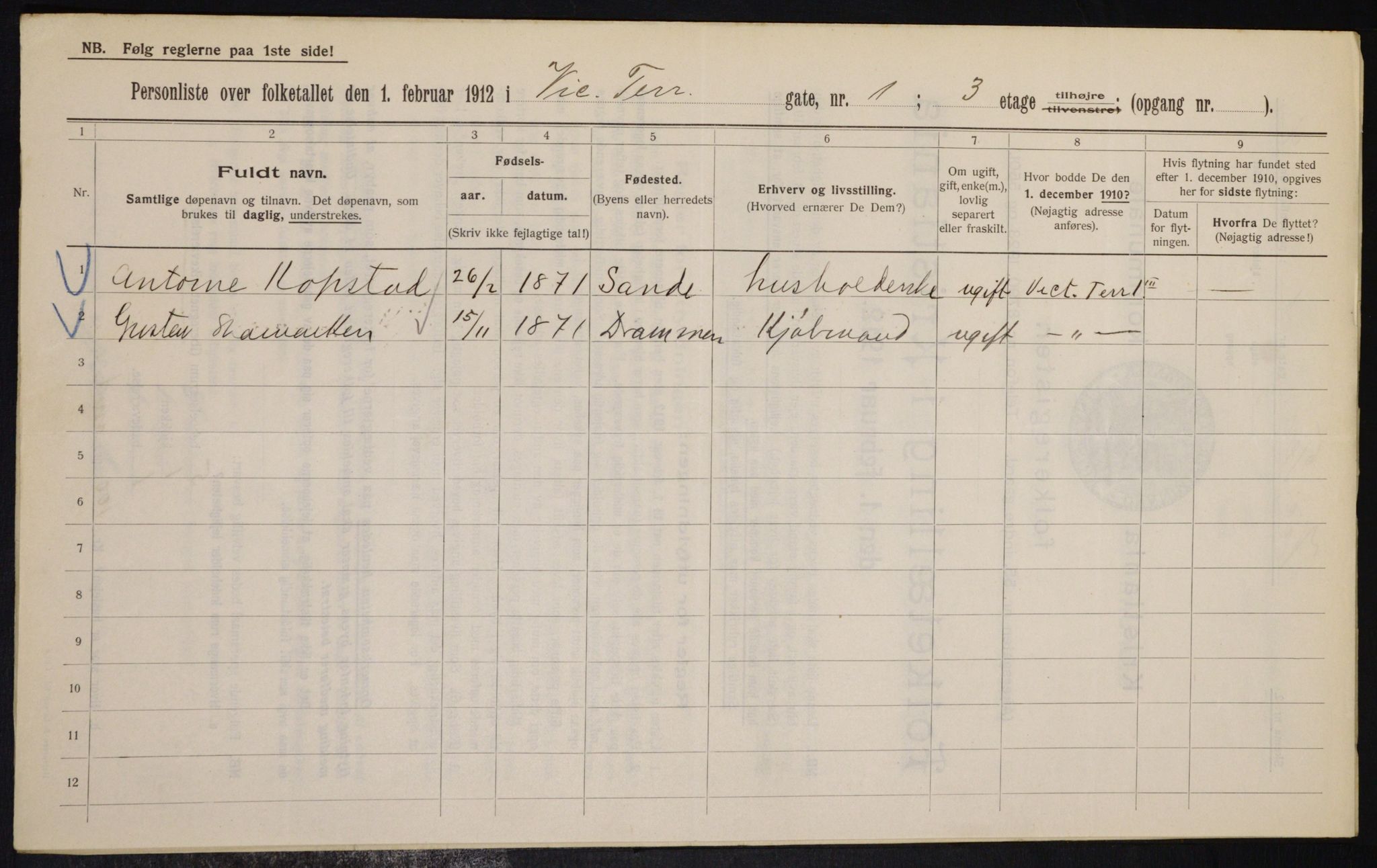 OBA, Municipal Census 1912 for Kristiania, 1912, p. 123438