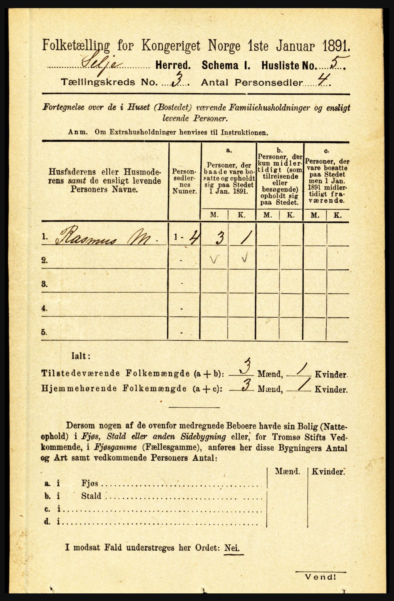 RA, 1891 census for 1441 Selje, 1891, p. 591