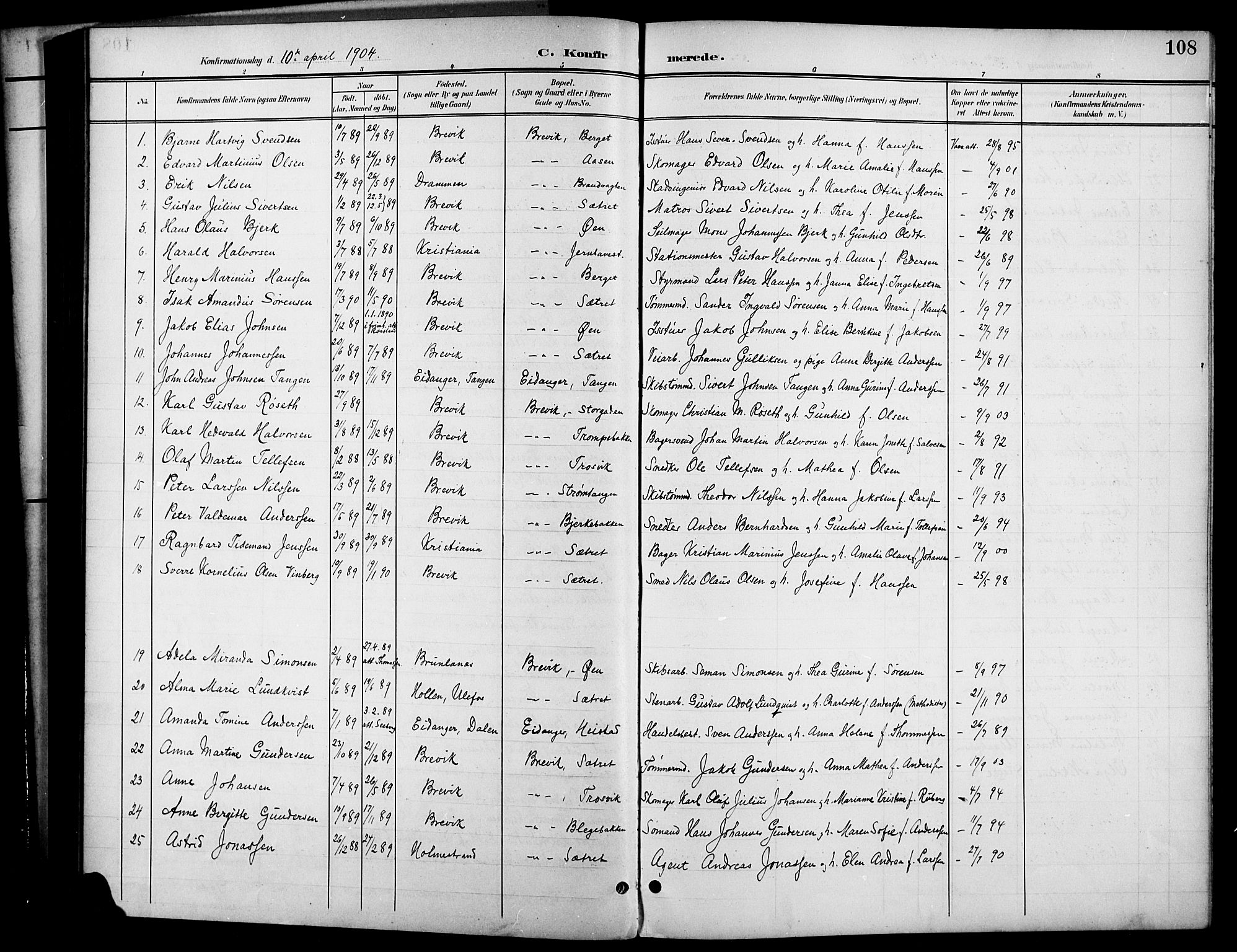 Brevik kirkebøker, SAKO/A-255/G/Ga/L0005: Parish register (copy) no. 5, 1901-1924, p. 108